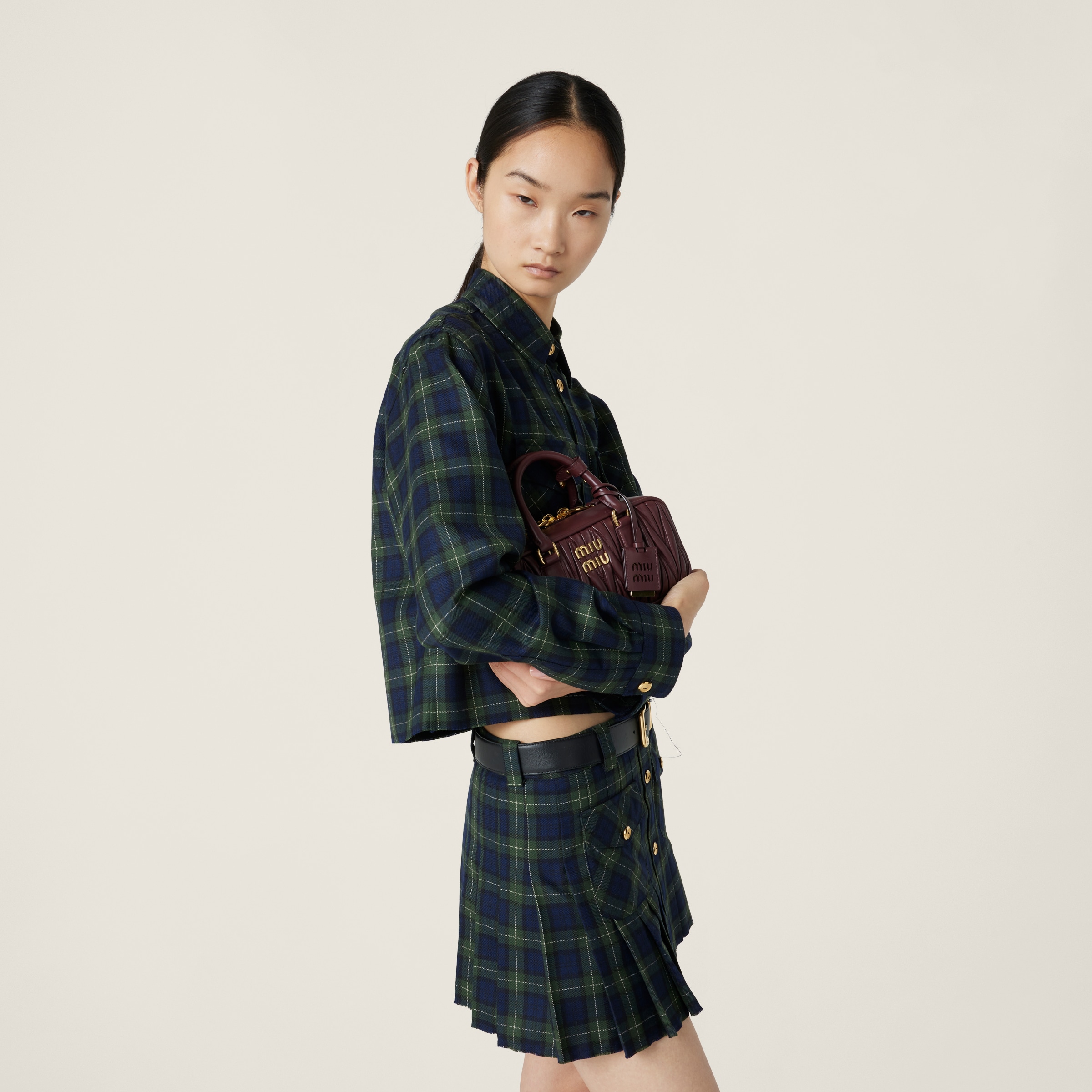 Military Green Pleated Tartan Miniskirt | Miu Miu