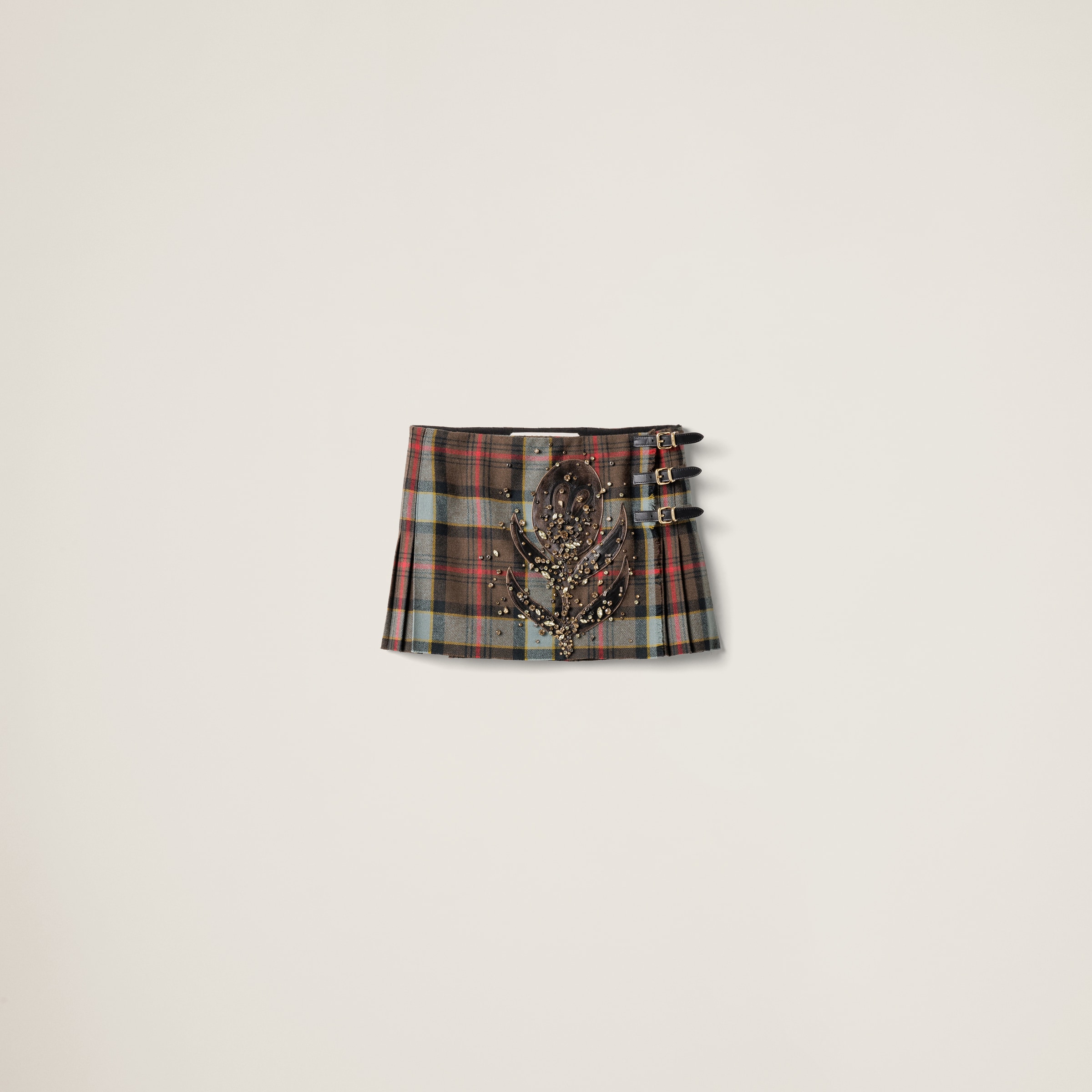 Militar/cherry Embroidered Plaid Miniskirt | Miu Miu
