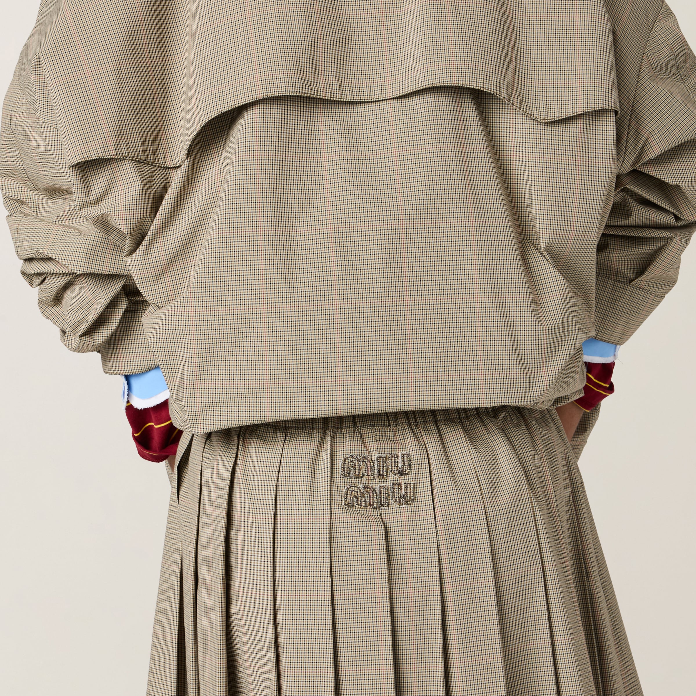 Olive Green Pleated Checked Technical Fabric Midi-skirt