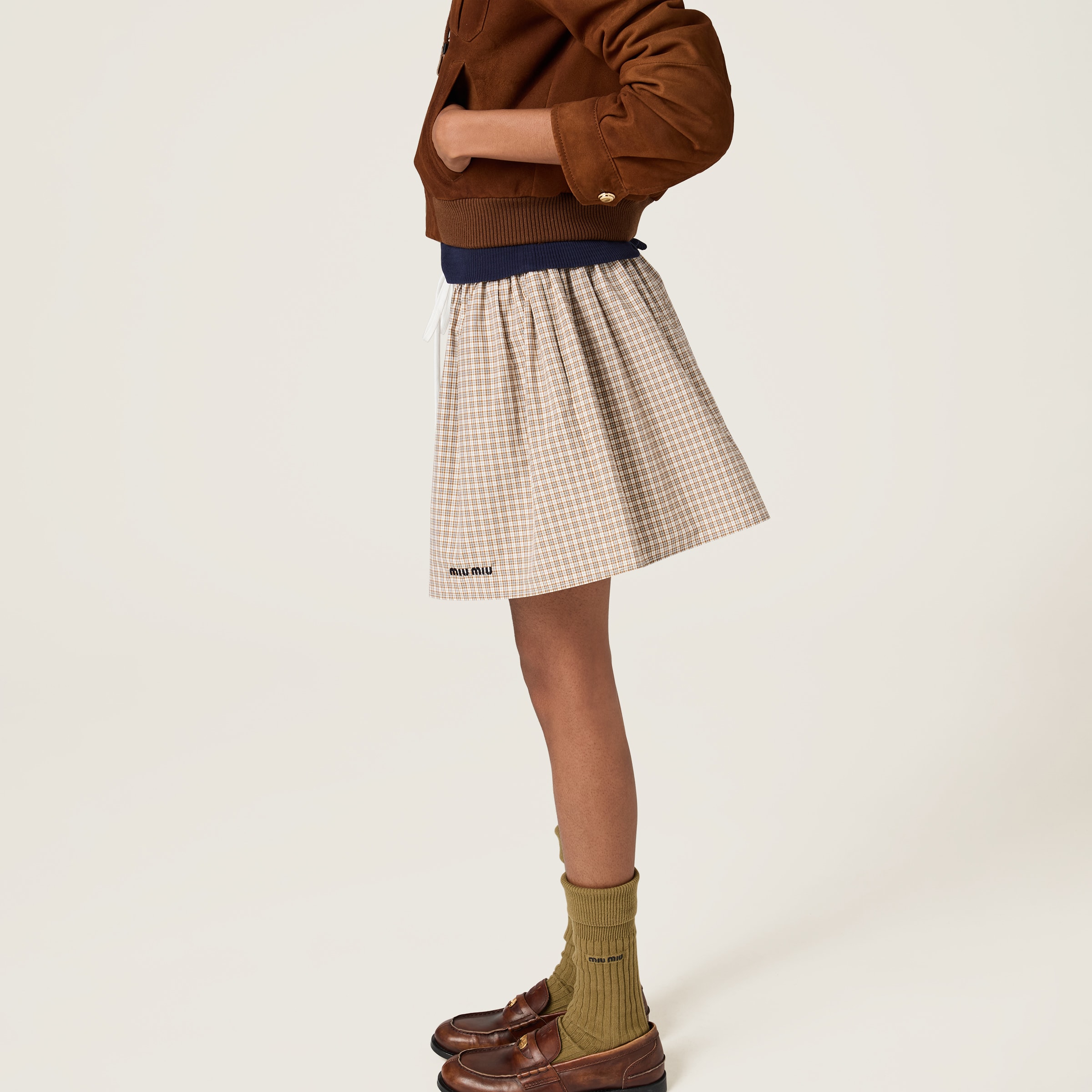 Miu Miu Checked Miniskirt In Cork Beige