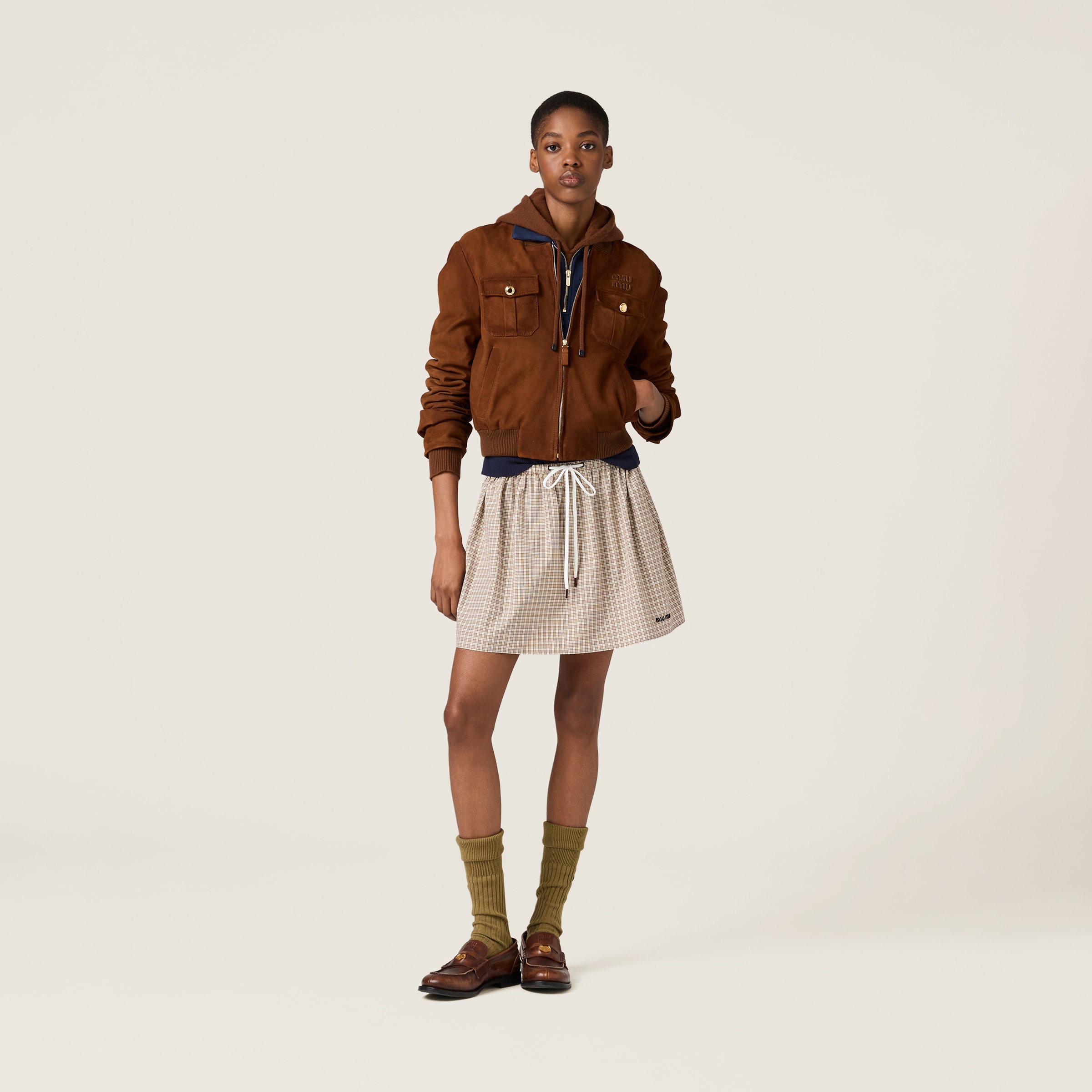 Miu Miu Checked Miniskirt In Cork Beige