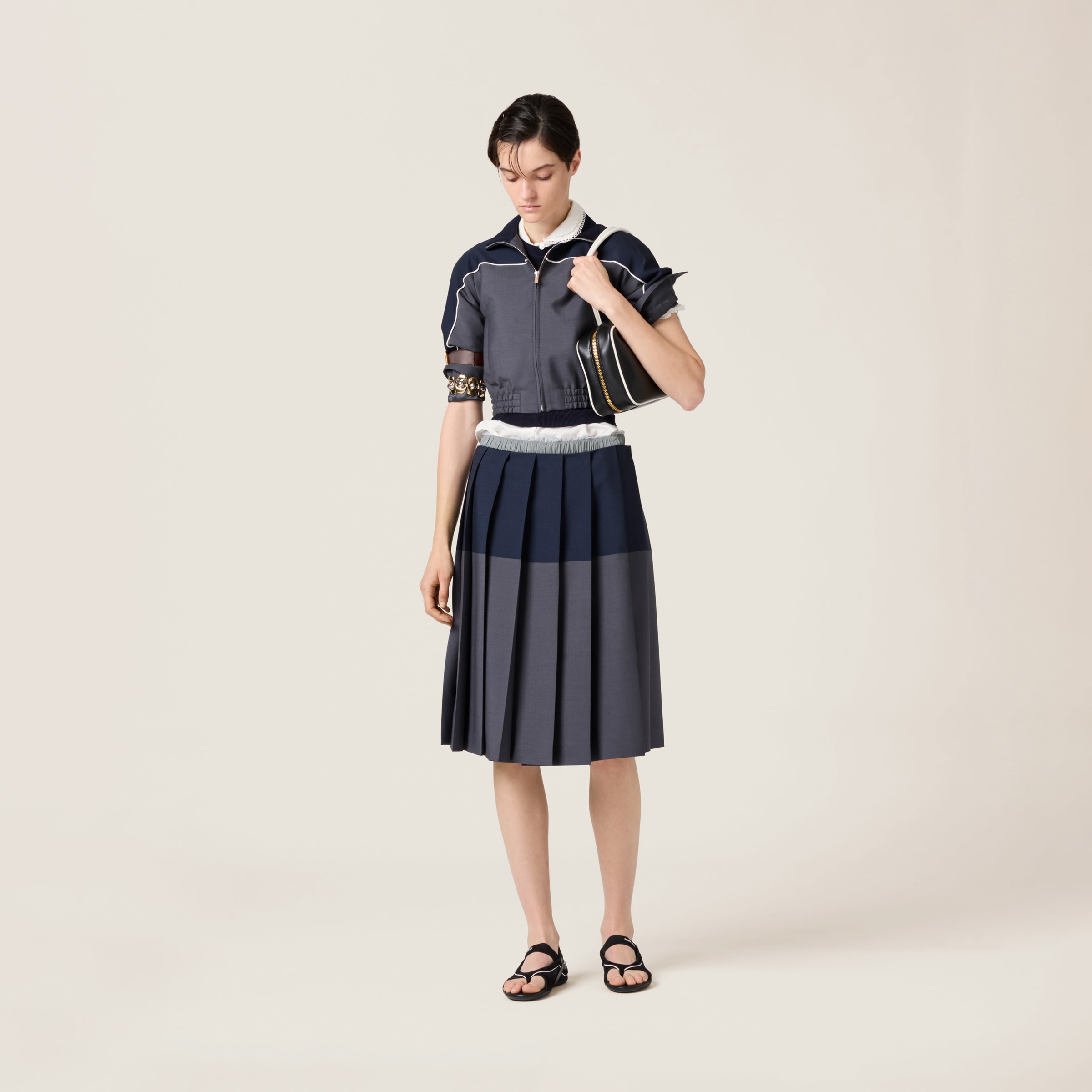 Miu Miu Mohair-wool Pleated Midi Skirt In Hematite/navy