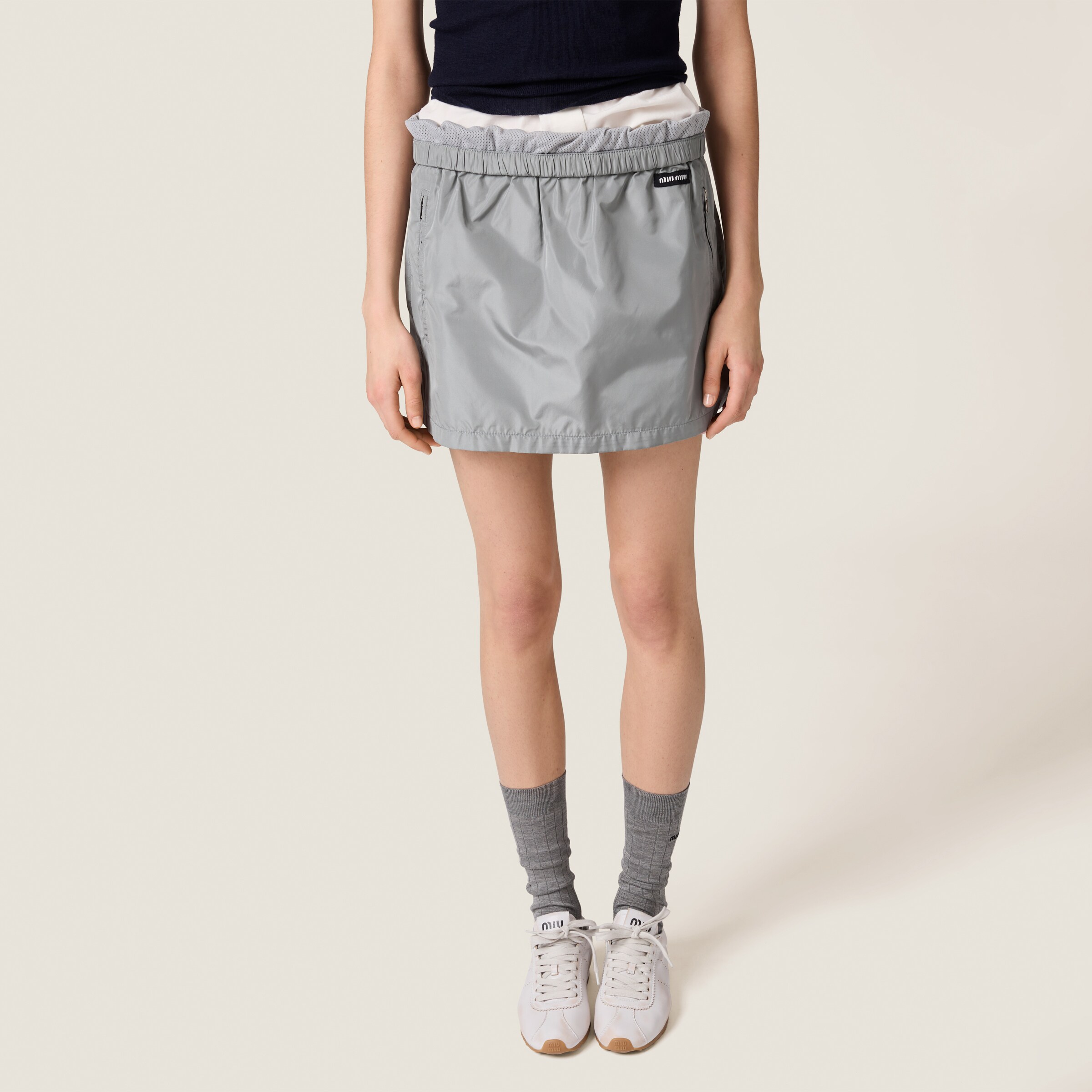 Miu Miu Technical Silk Miniskirt In Lead Gray