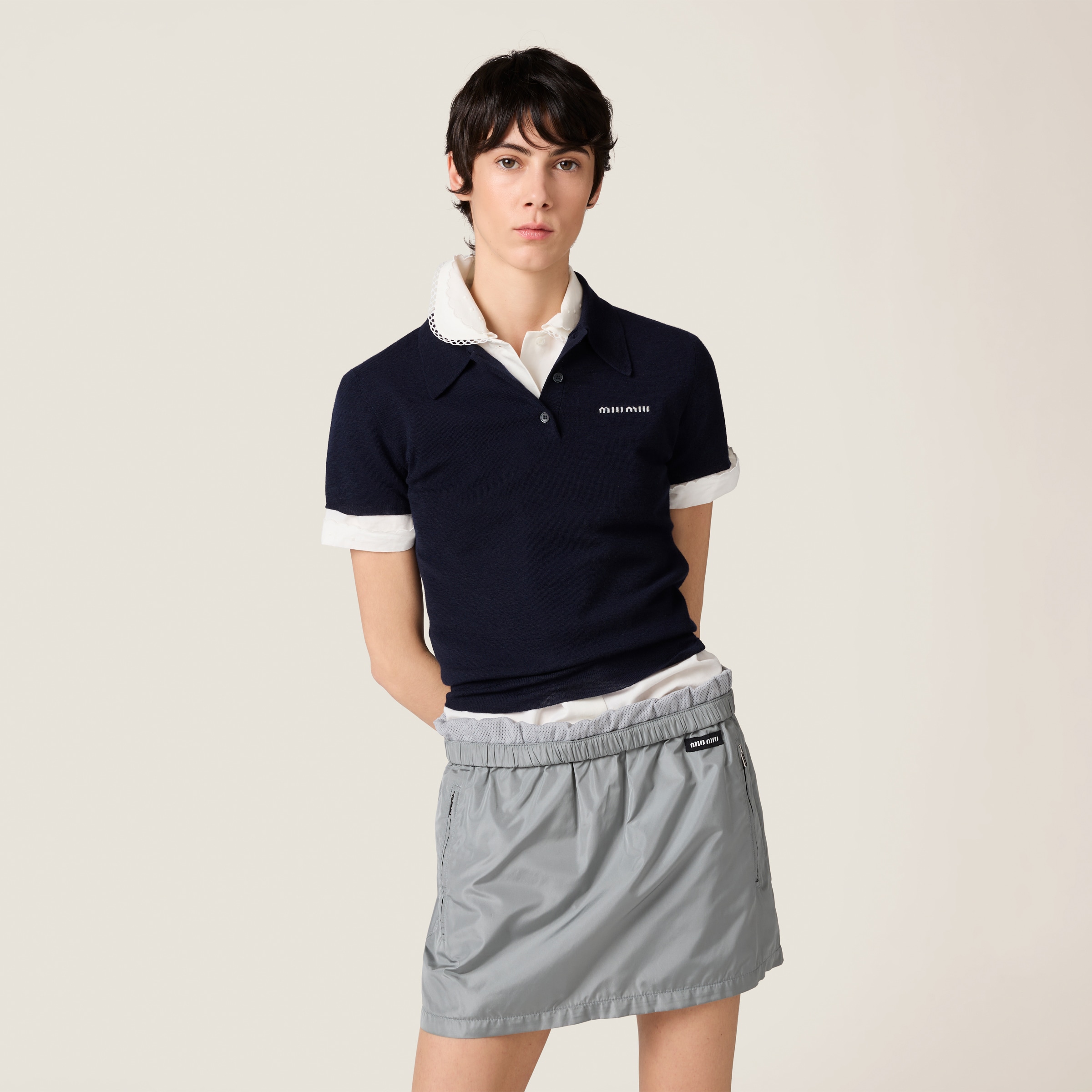 Miu Miu Technical Silk Miniskirt In Lead Gray