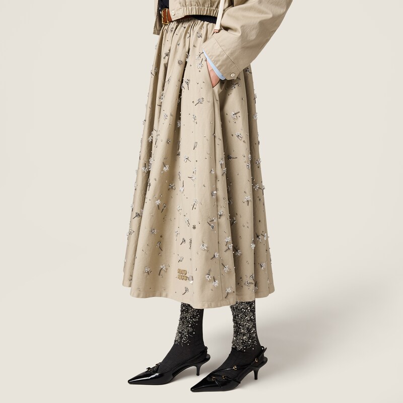 Embroidered cotton satin midi-skirt