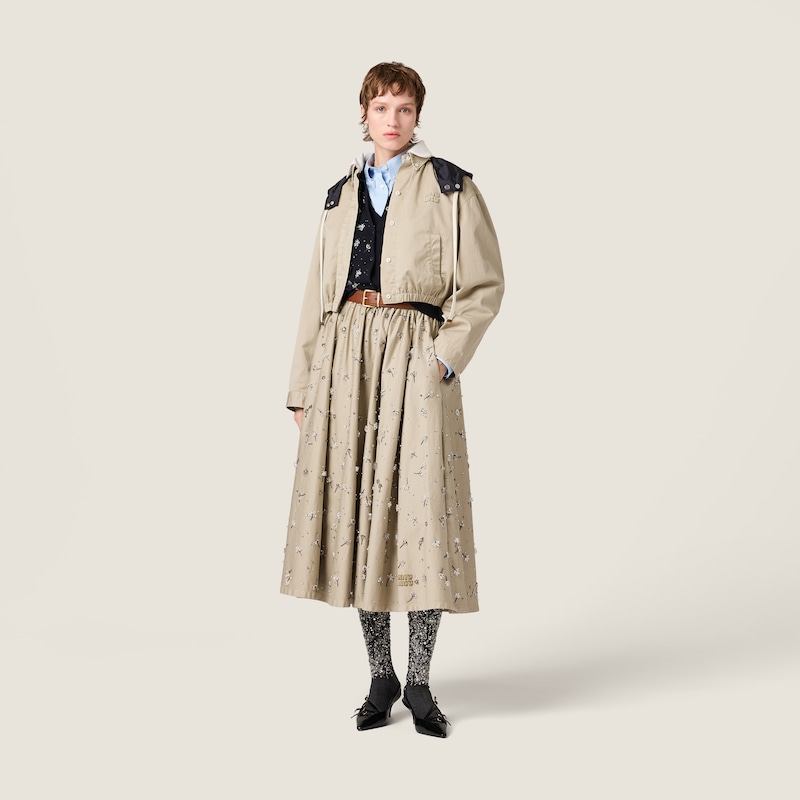 Embroidered cotton satin midi-skirt