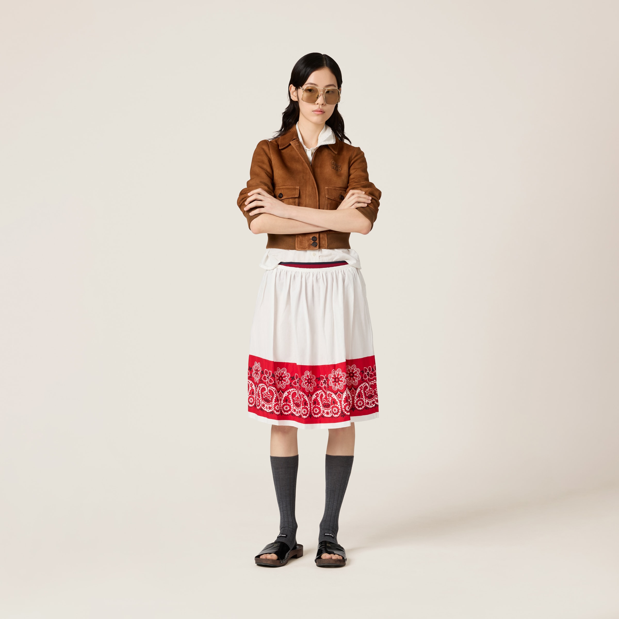 Miu Miu Slubbed Poplin Skirt With Print