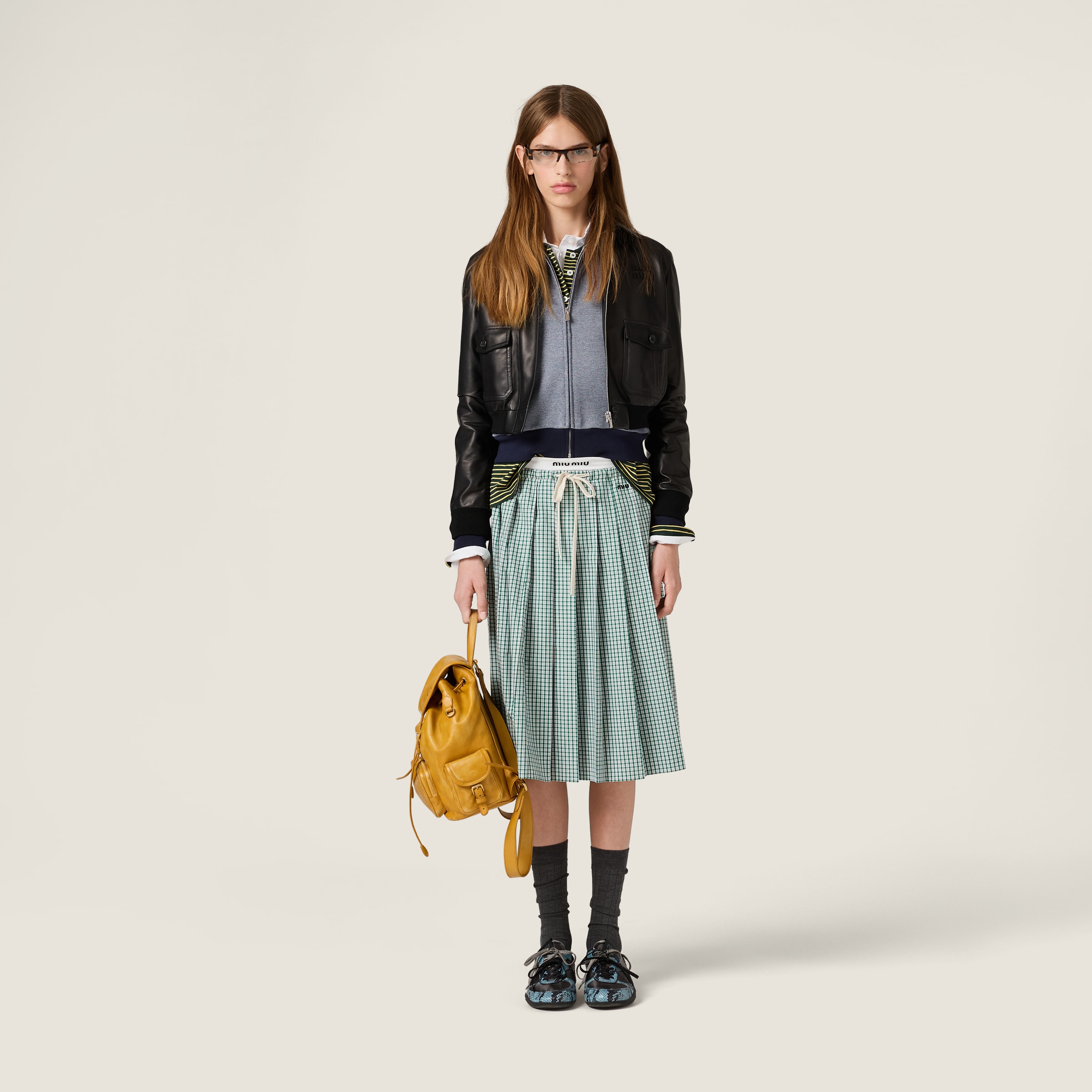 Miu Miu Pleated Checked Skirt In Green