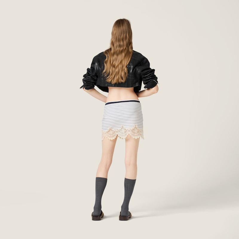 Lace-trimmed striped jersey miniskirt