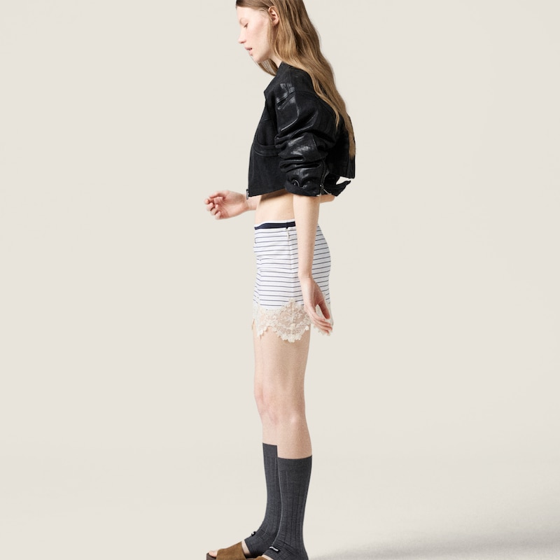 Lace-trimmed striped jersey miniskirt