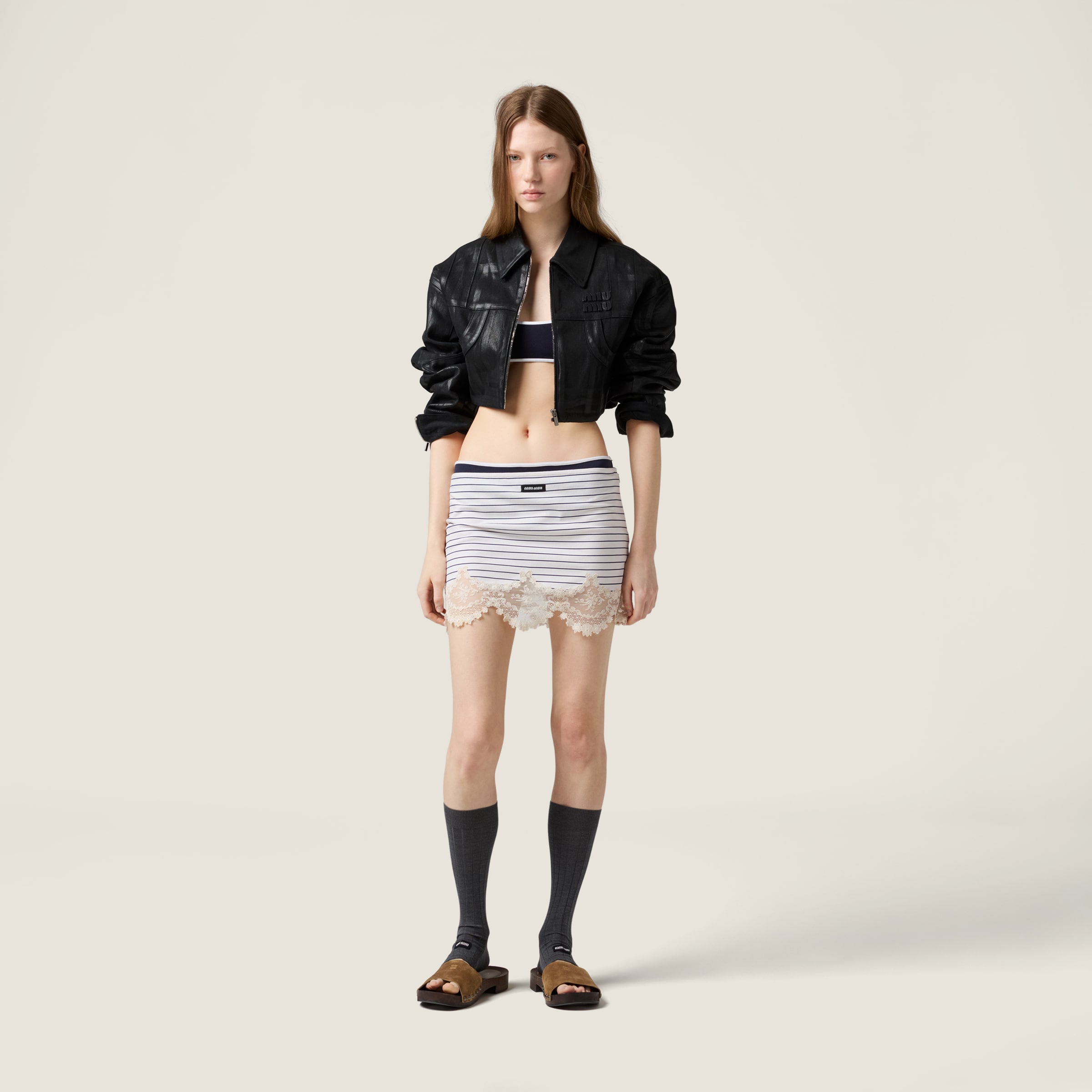 Miu Miu ミュウミュウレースミニスカート レーストリム ストライプ ジャージー ミニスカート