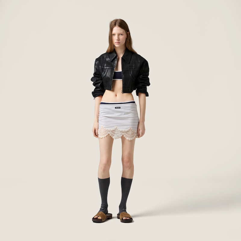 Lace-trimmed striped jersey miniskirt