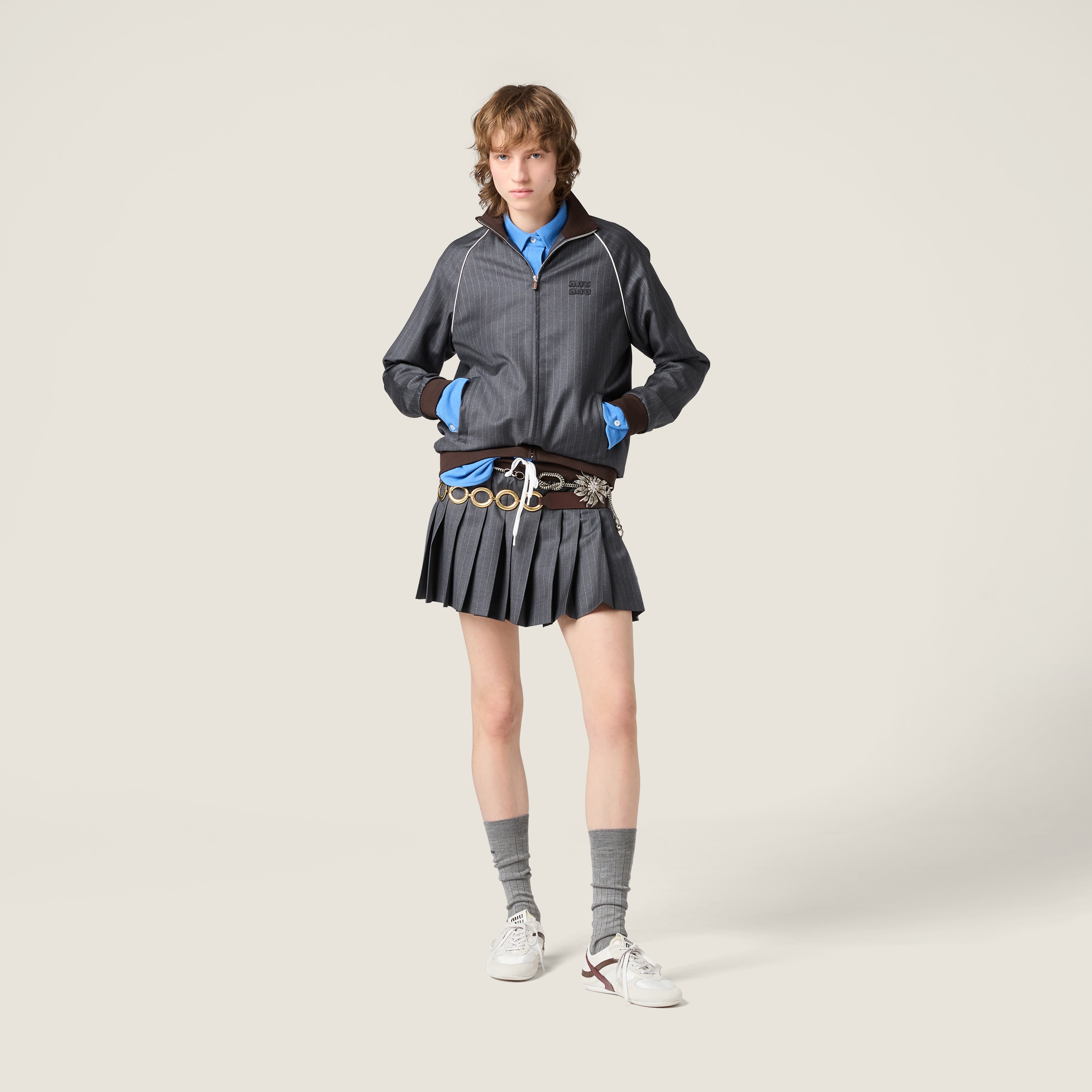 Miu Miu Pleated Pinstripe Miniskirt In Gray