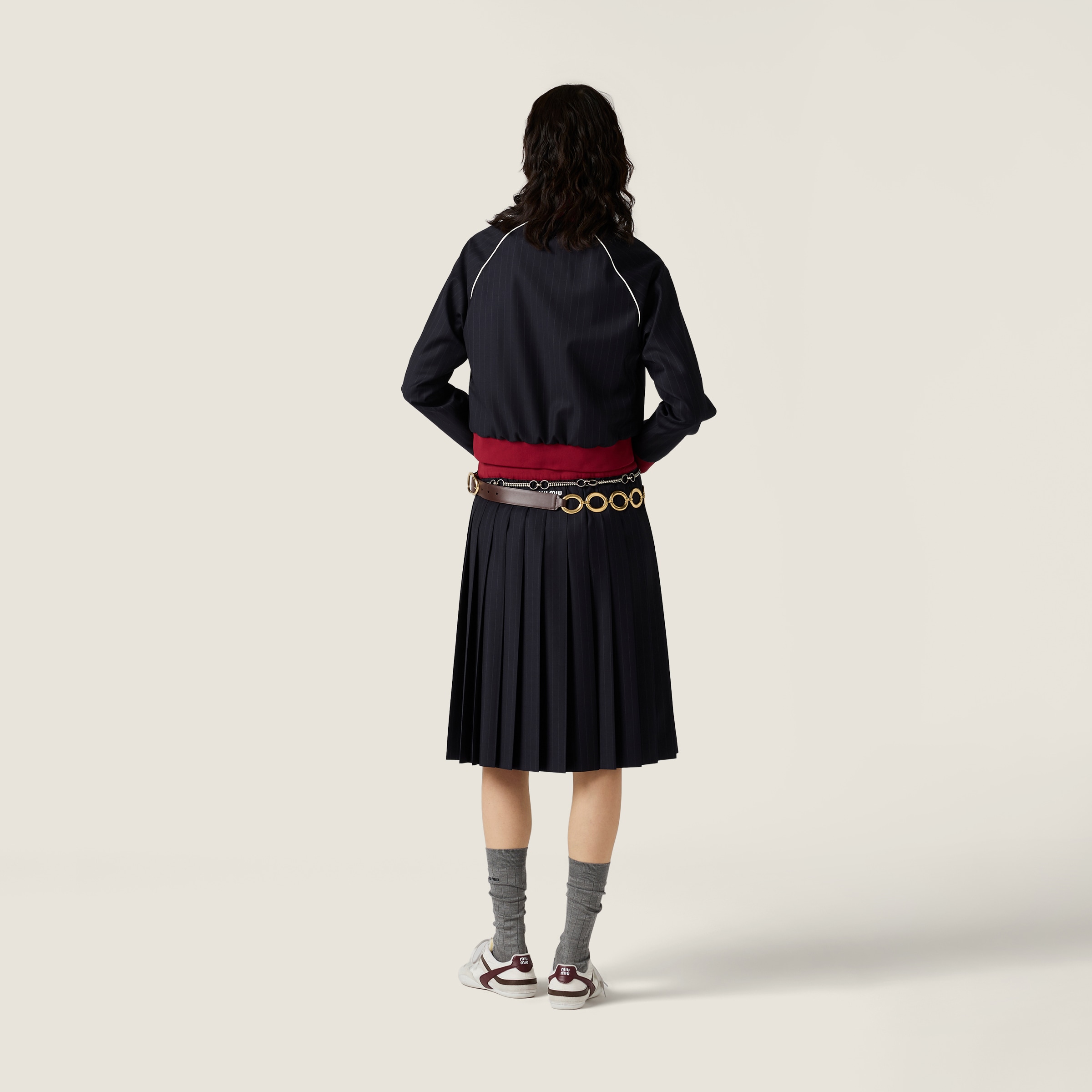 ◆完売前に◆【MiuMiu】プリーツピンストライプ ミディスカート ネイビー プリーツピンストライプミディスカート | Miu Miu