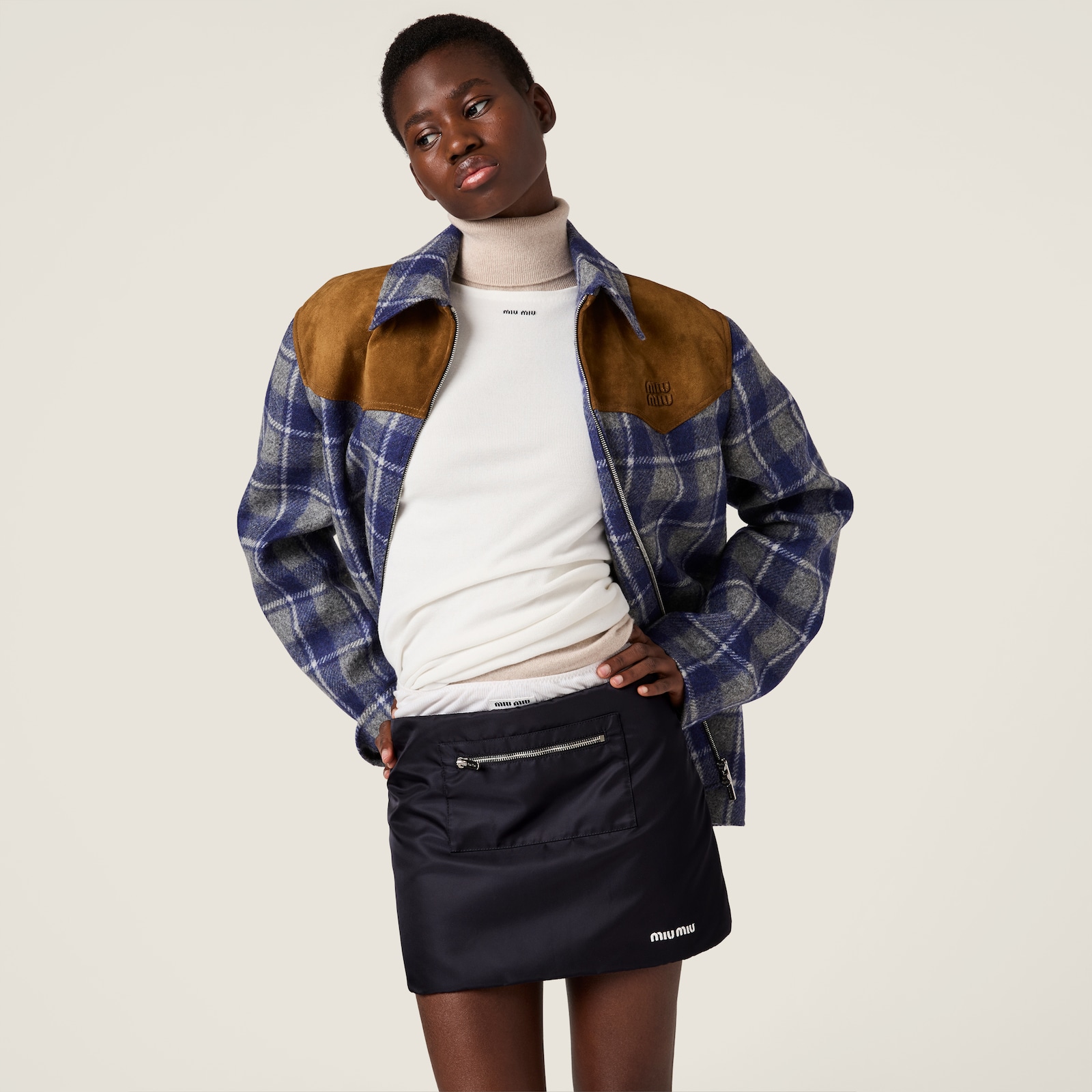 Navy Technical Gazar And Fleece Skirt | Miu Miu