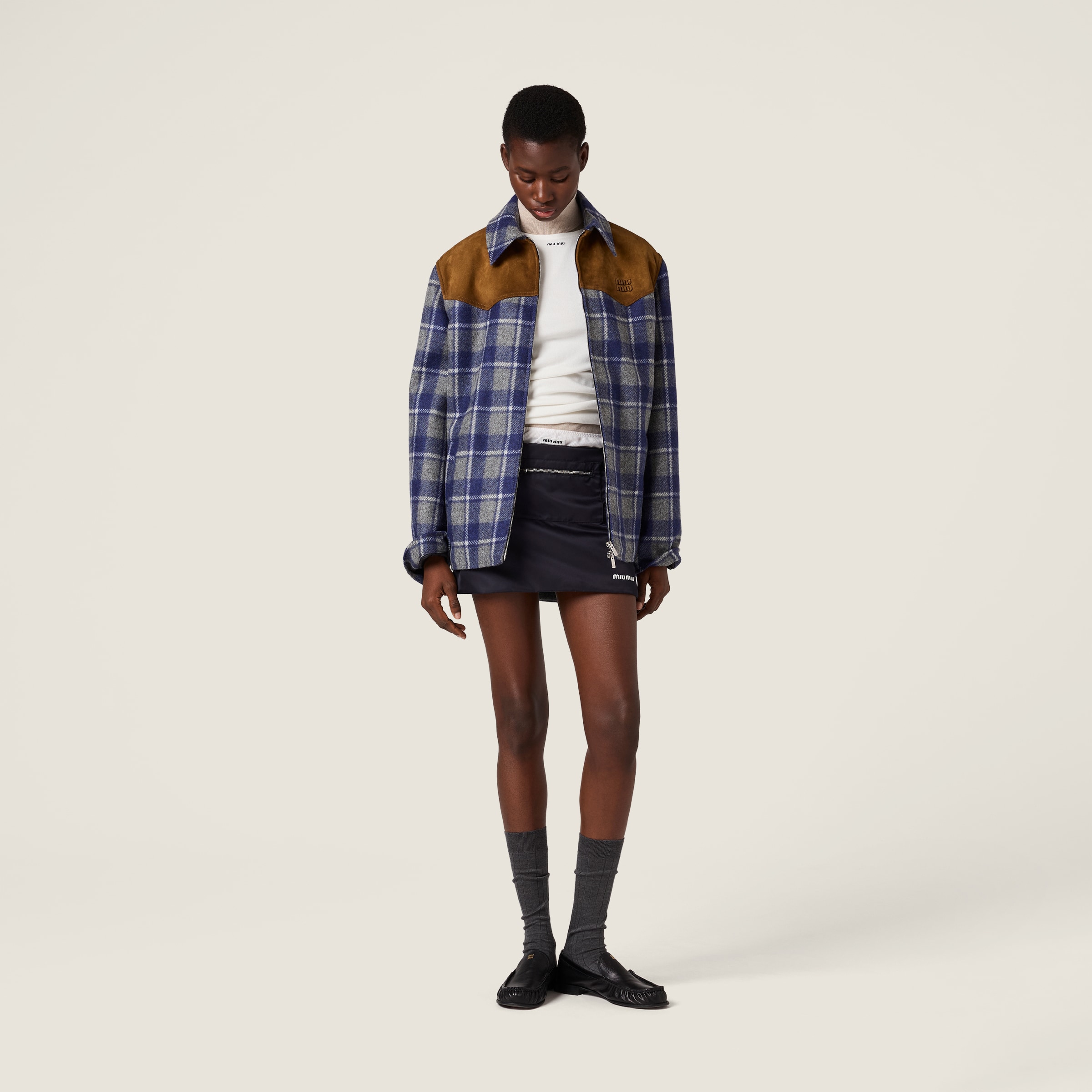 Miu Miu Technical Gazar And Fleece Skirt In Blue
