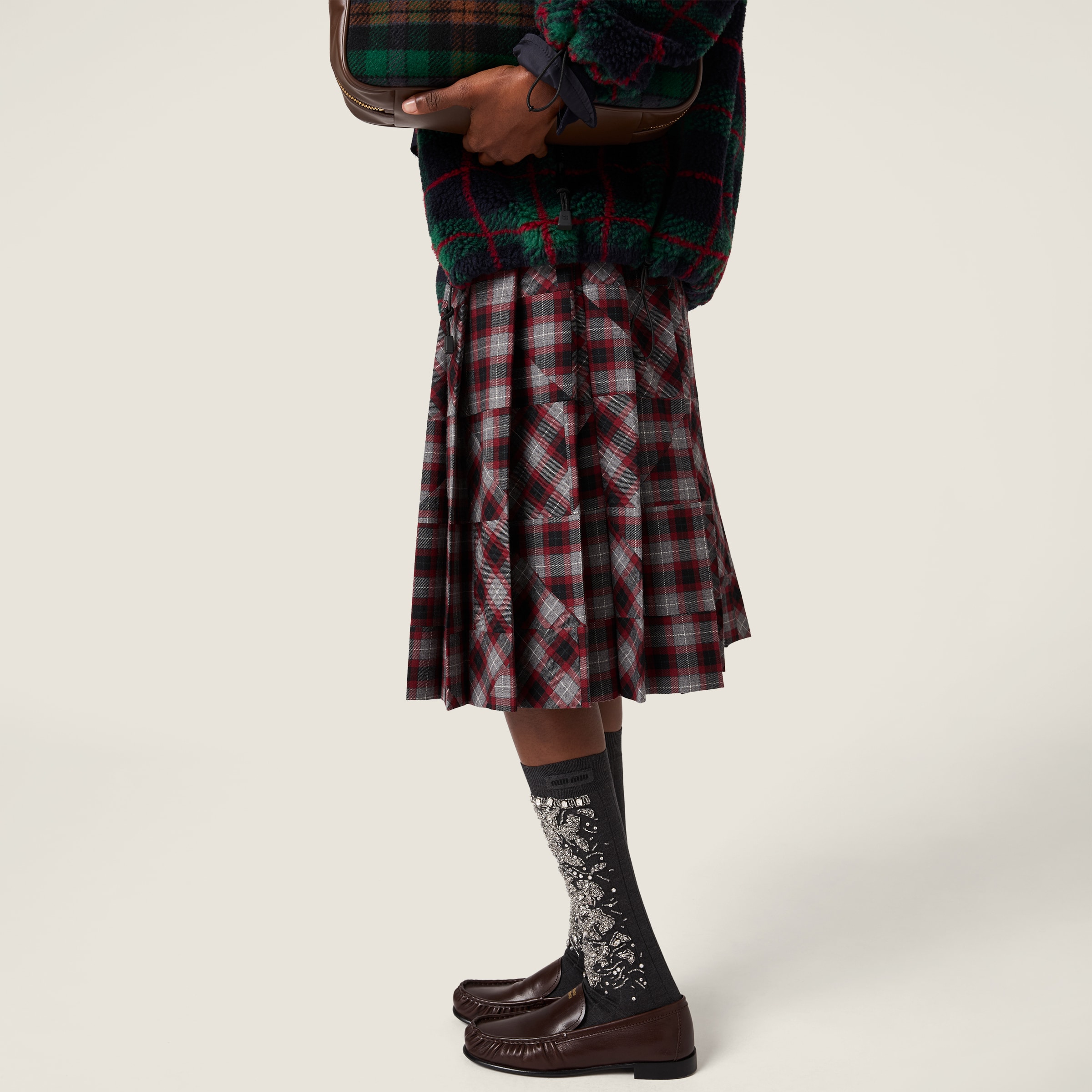 Miu Miu Tartan Patchwork Midi Skirt In Multi