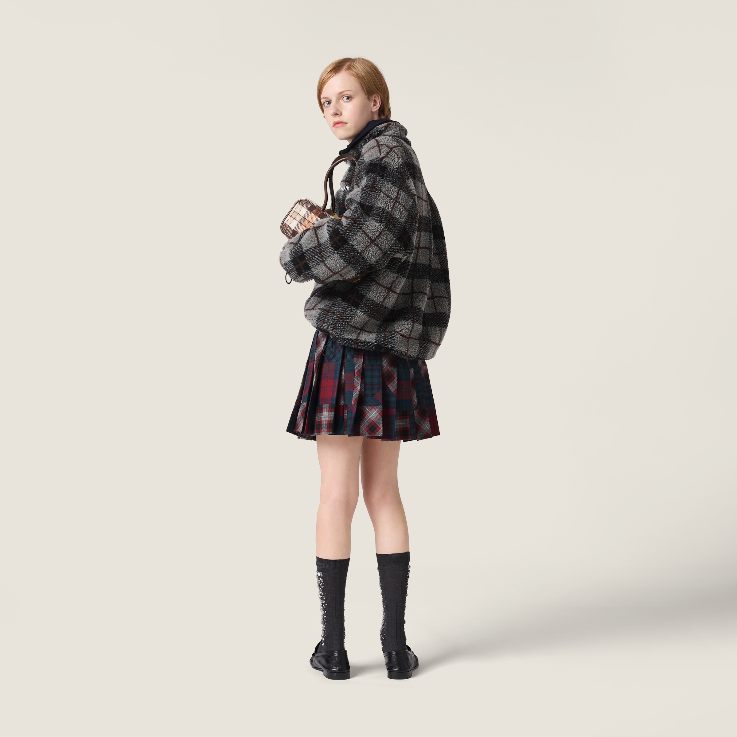 Miu Miu Pleated Plaid Patchwork Mini Skirt In Multi