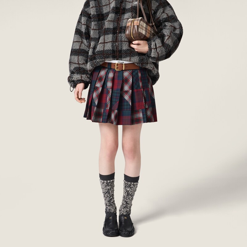 拼接褶皱格纹迷你半身裙