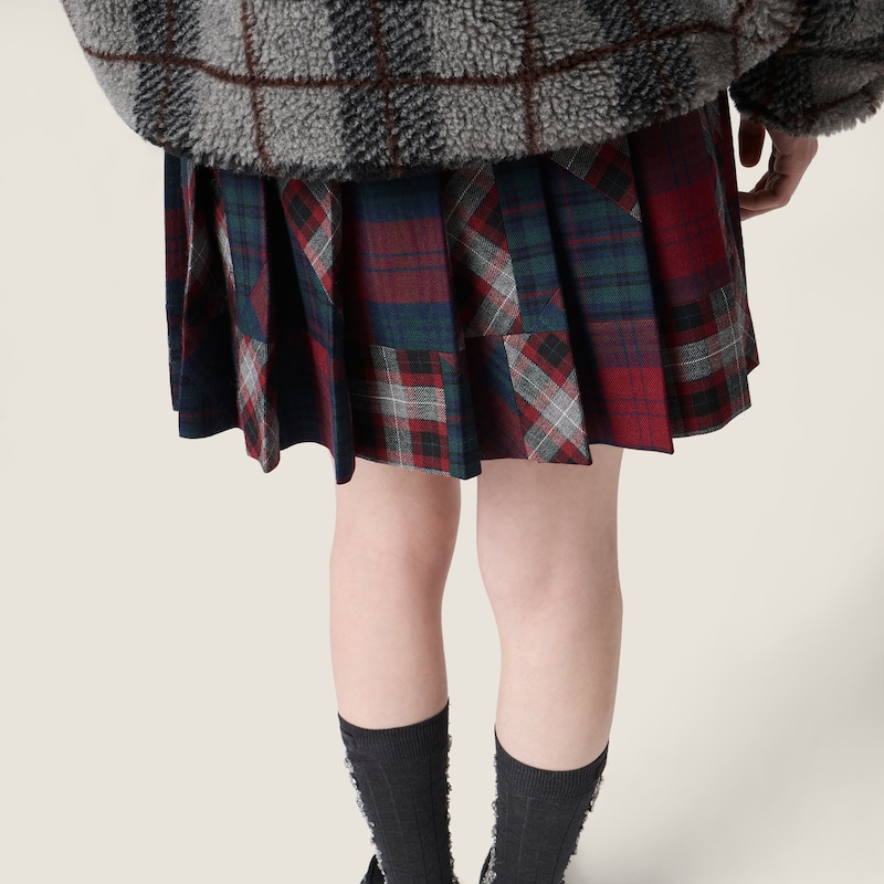 拼接褶皱格纹迷你半身裙