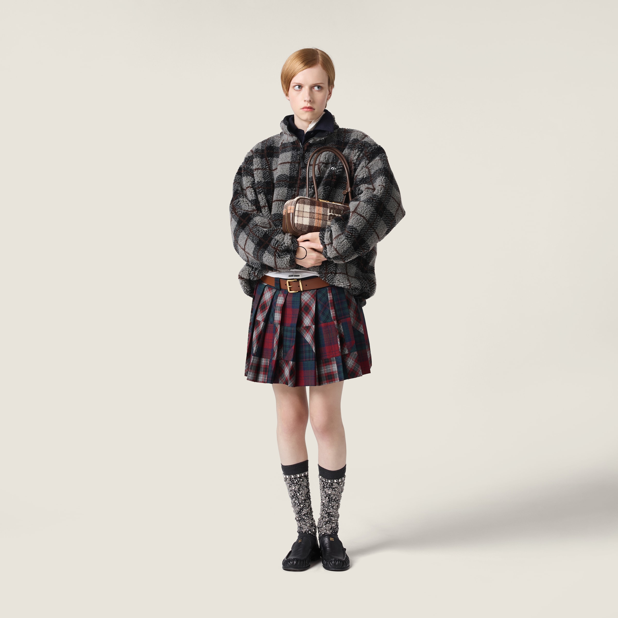 Miu Miu Pleated Plaid Patchwork Mini Skirt In Multi