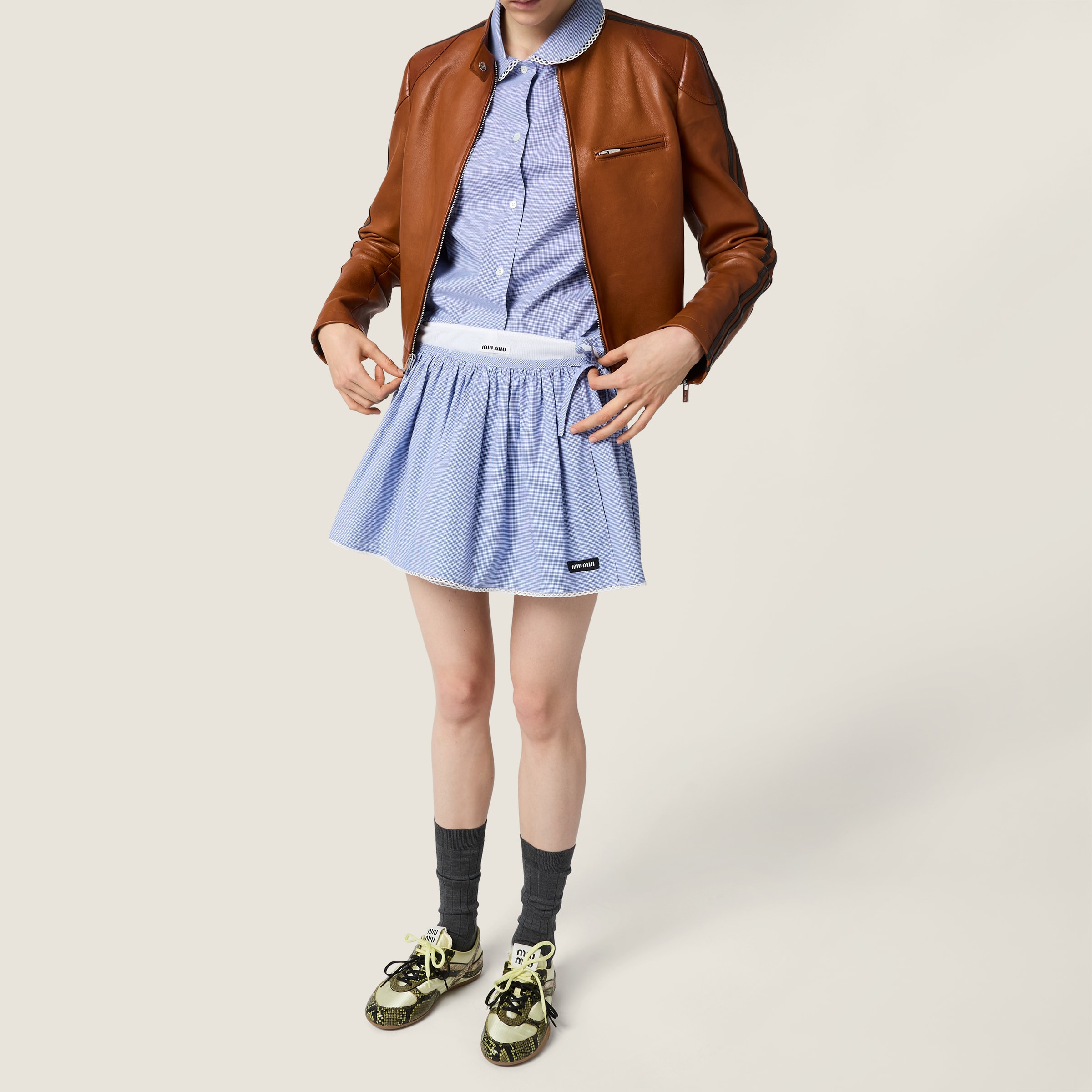 ホワイト/ライトブルー ギンガムチェック ミニスカート | Miu Miu