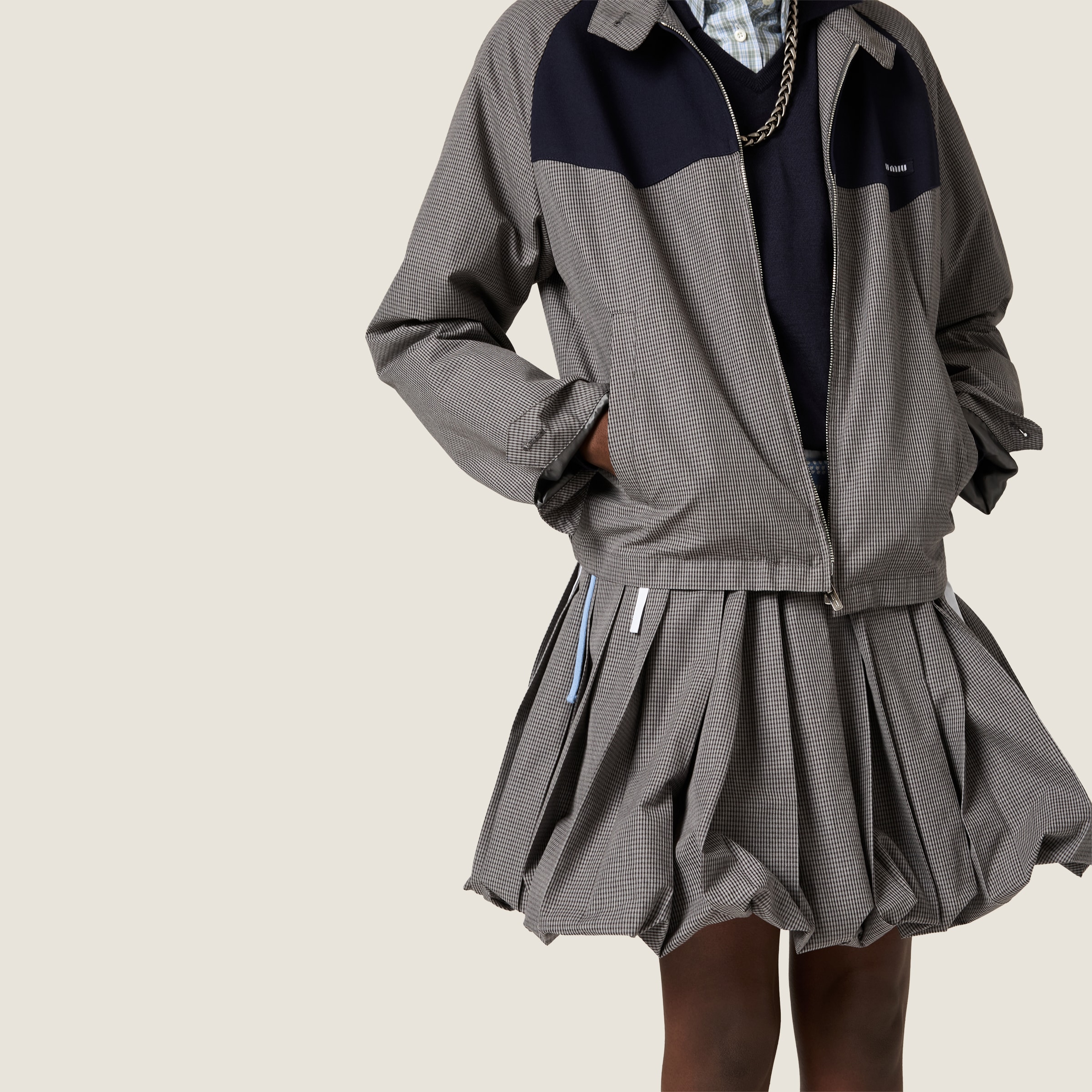 Grey Pleated Gingham Check Skirt | Miu Miu - United Arab Emirates