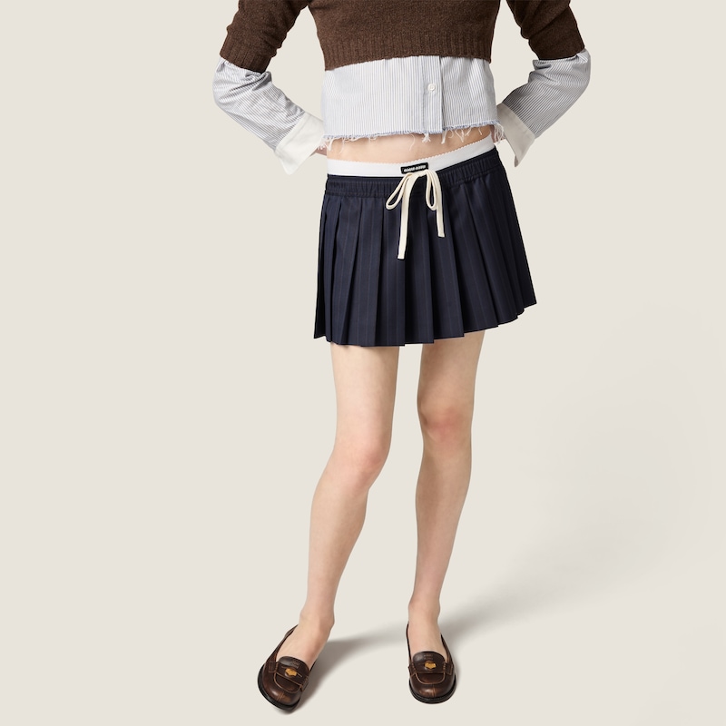 Pleated pinstriped wool miniskirt