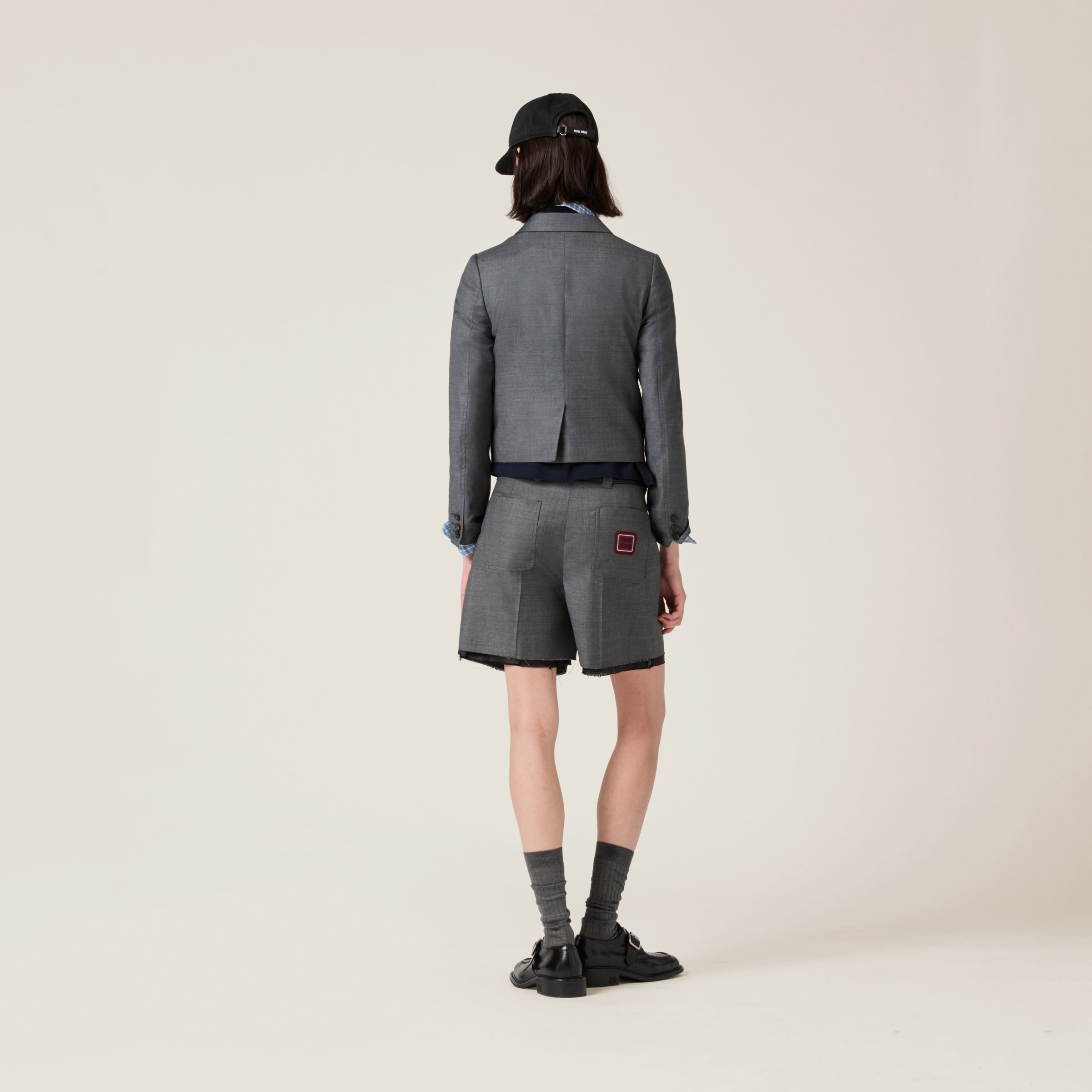 Miu Miu Single-breasted Grisaille Jacket With Logo In Slate Gray