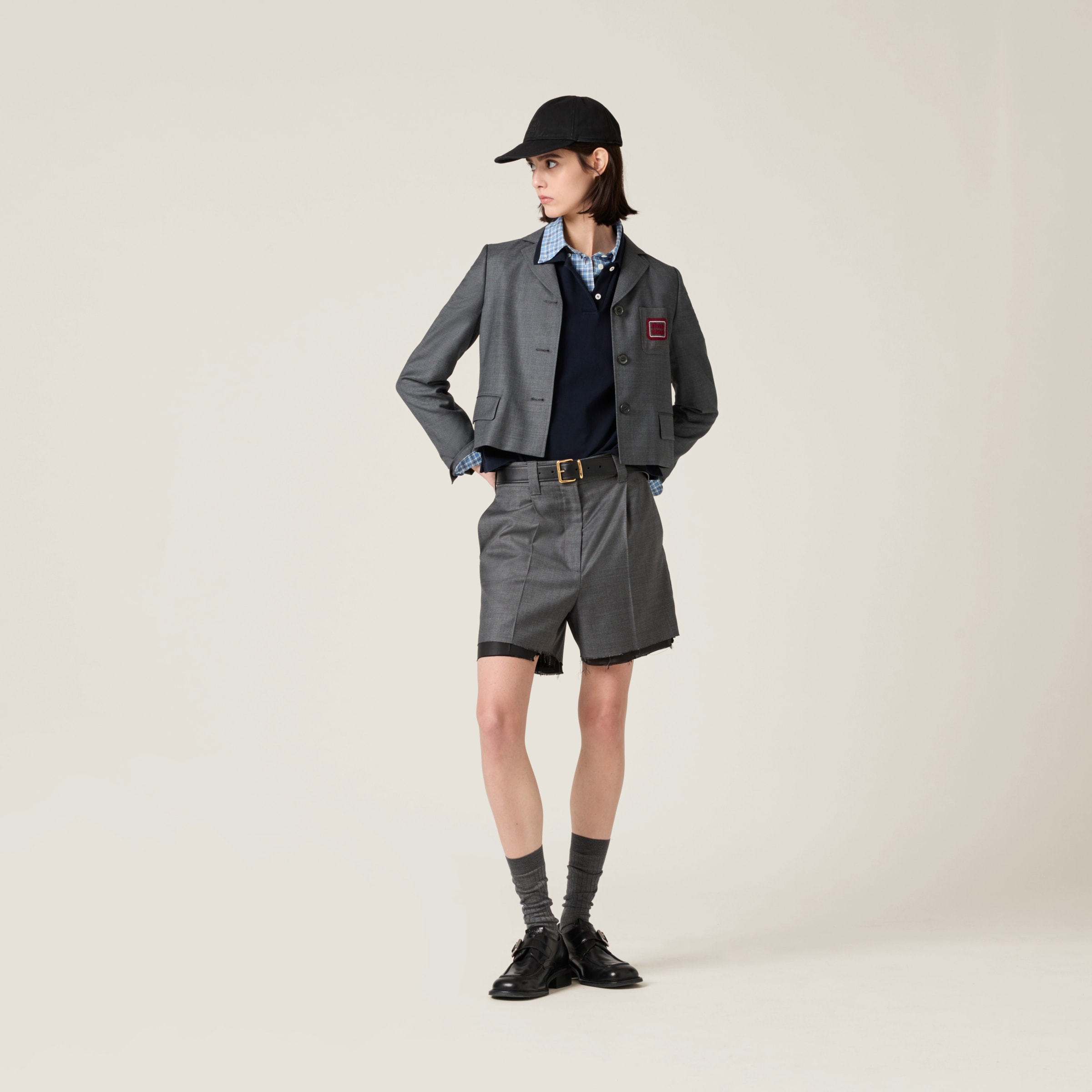 Miu Miu Single-breasted Grisaille Jacket With Logo In Slate Gray