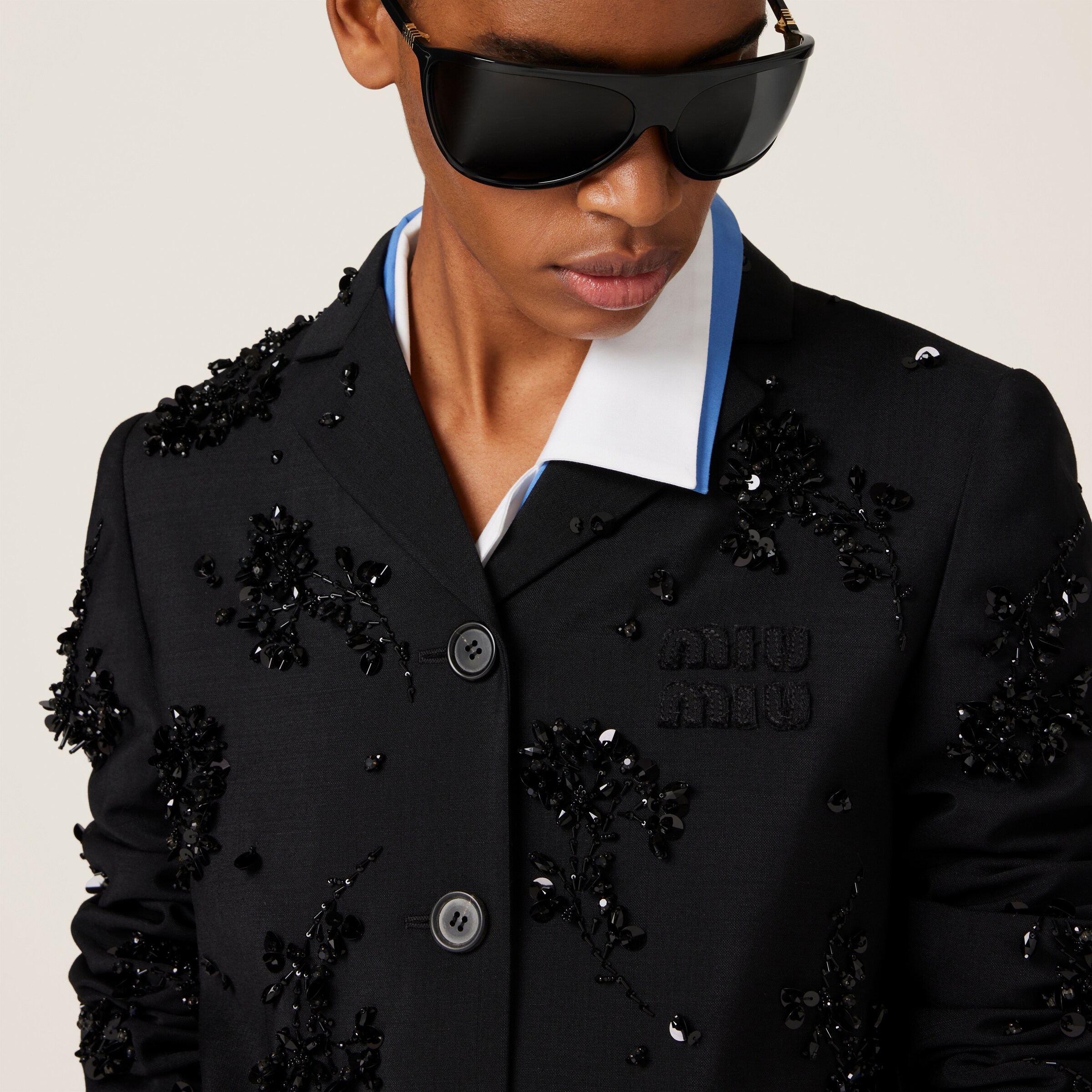 Miu Miu Embroidered Single-breasted Kid Mohair Jacket In Black