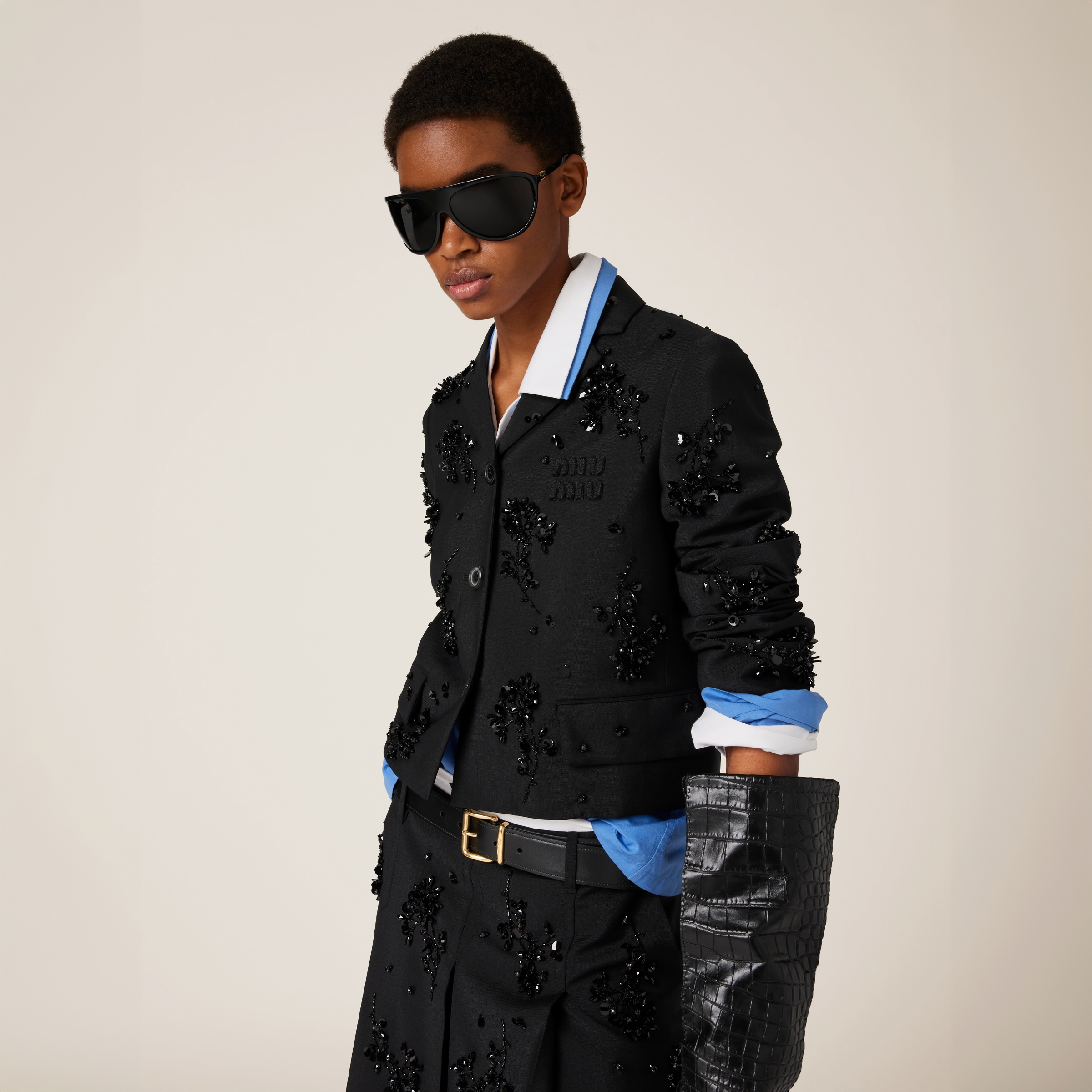 Black Embroidered Single-breasted Kid Mohair Jacket | Miu Miu