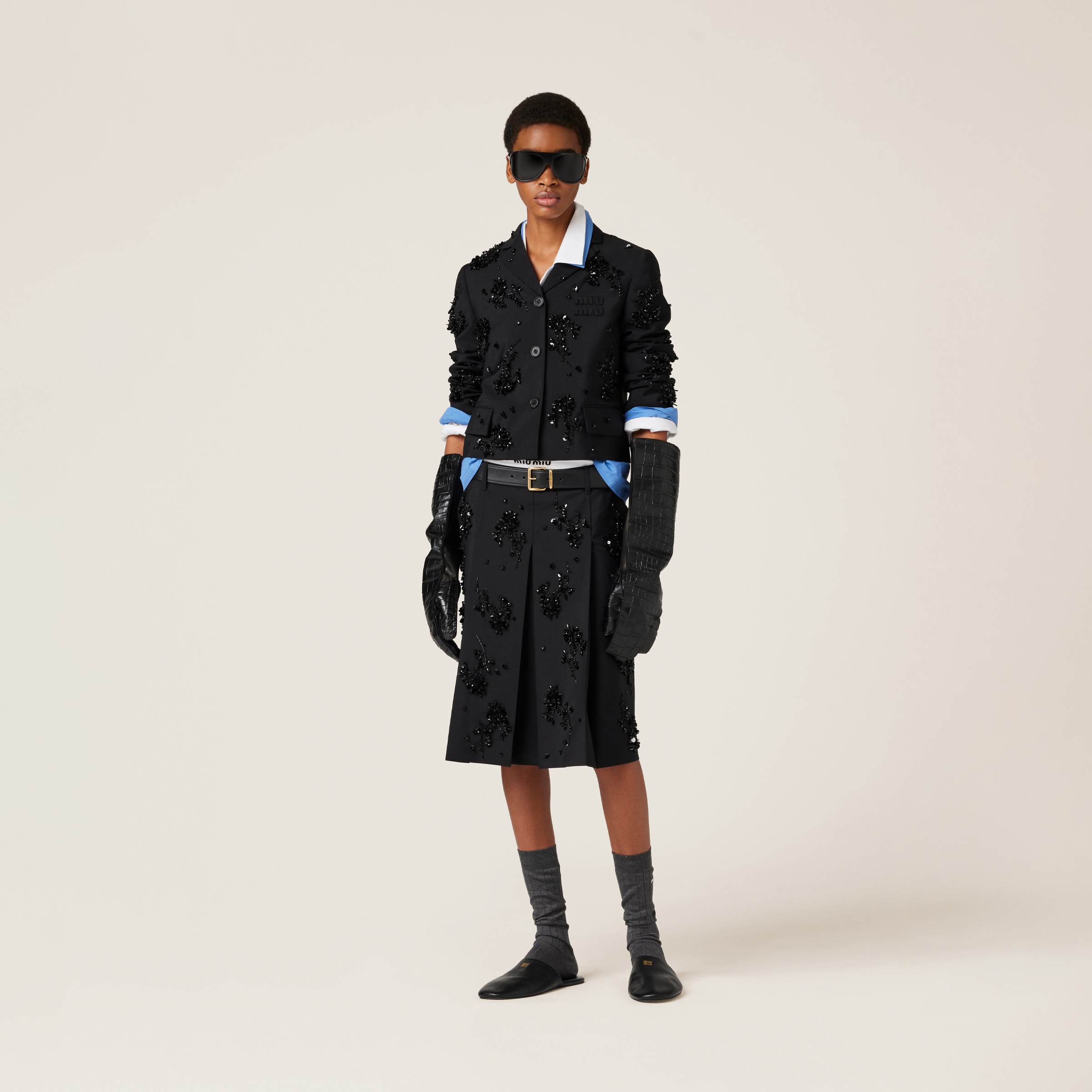 Miu Miu Embroidered Single-breasted Kid Mohair Jacket In Black