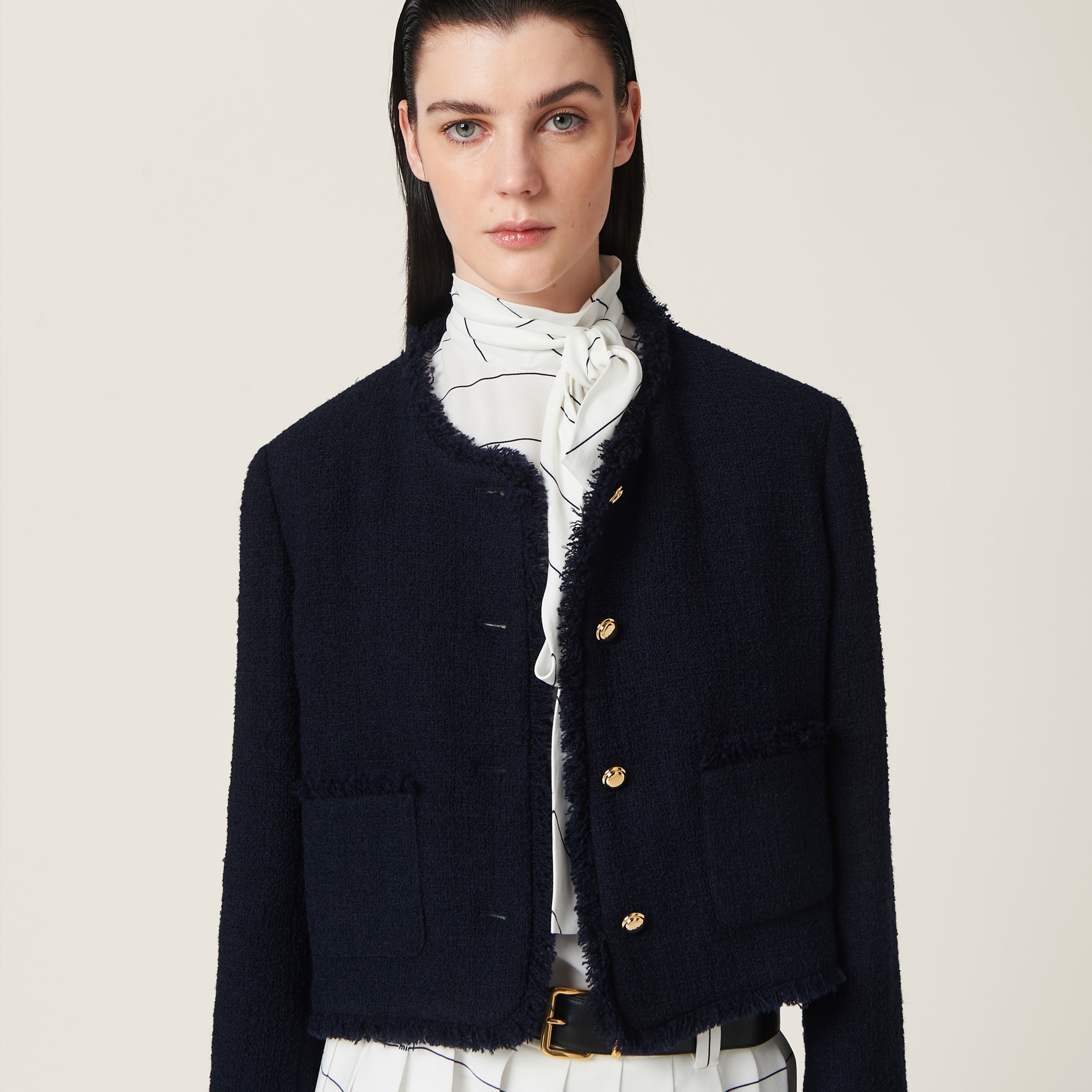 Shop Miumiu Single-breasted Tweed Jacket In Navy