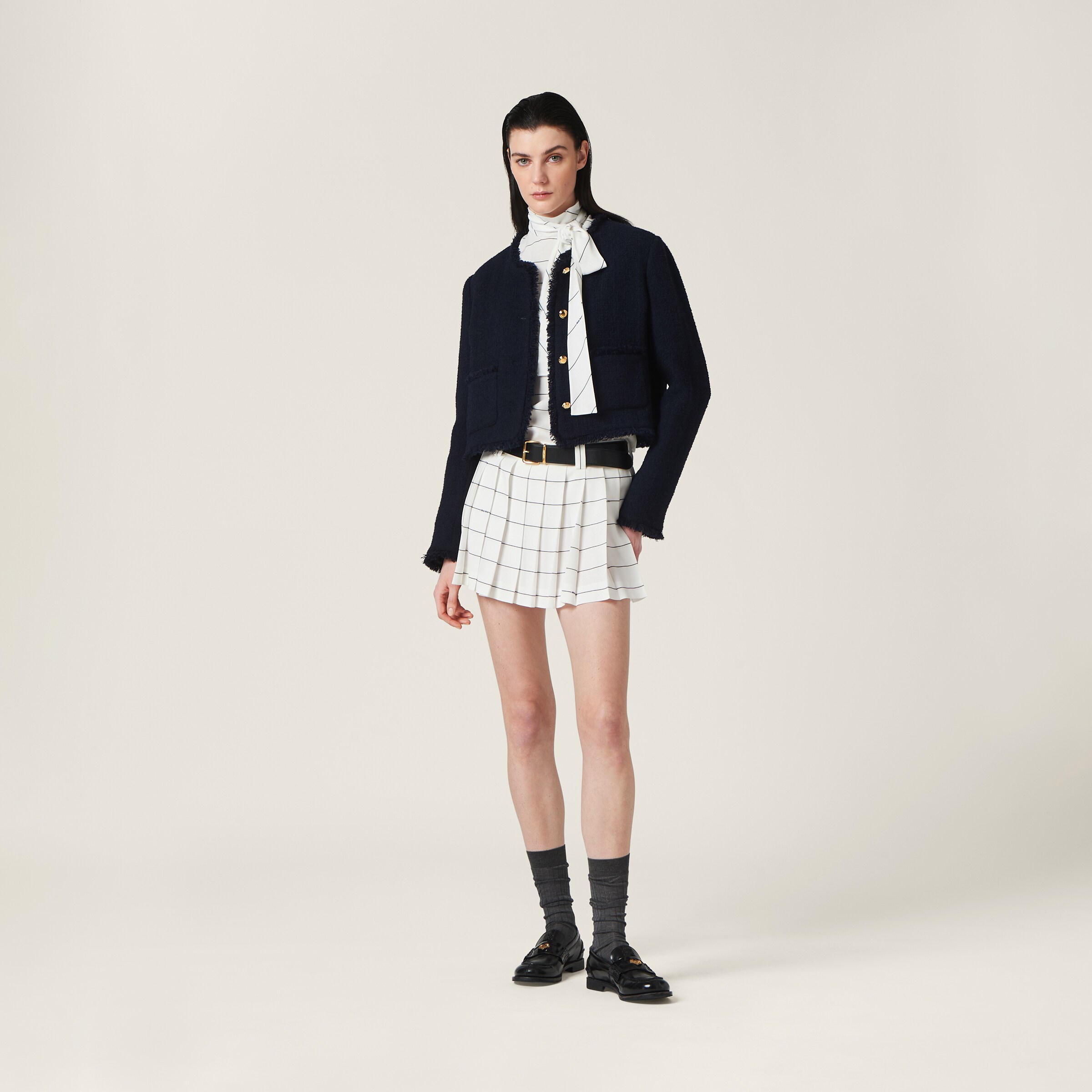 Shop Miumiu Single-breasted Tweed Jacket In Navy