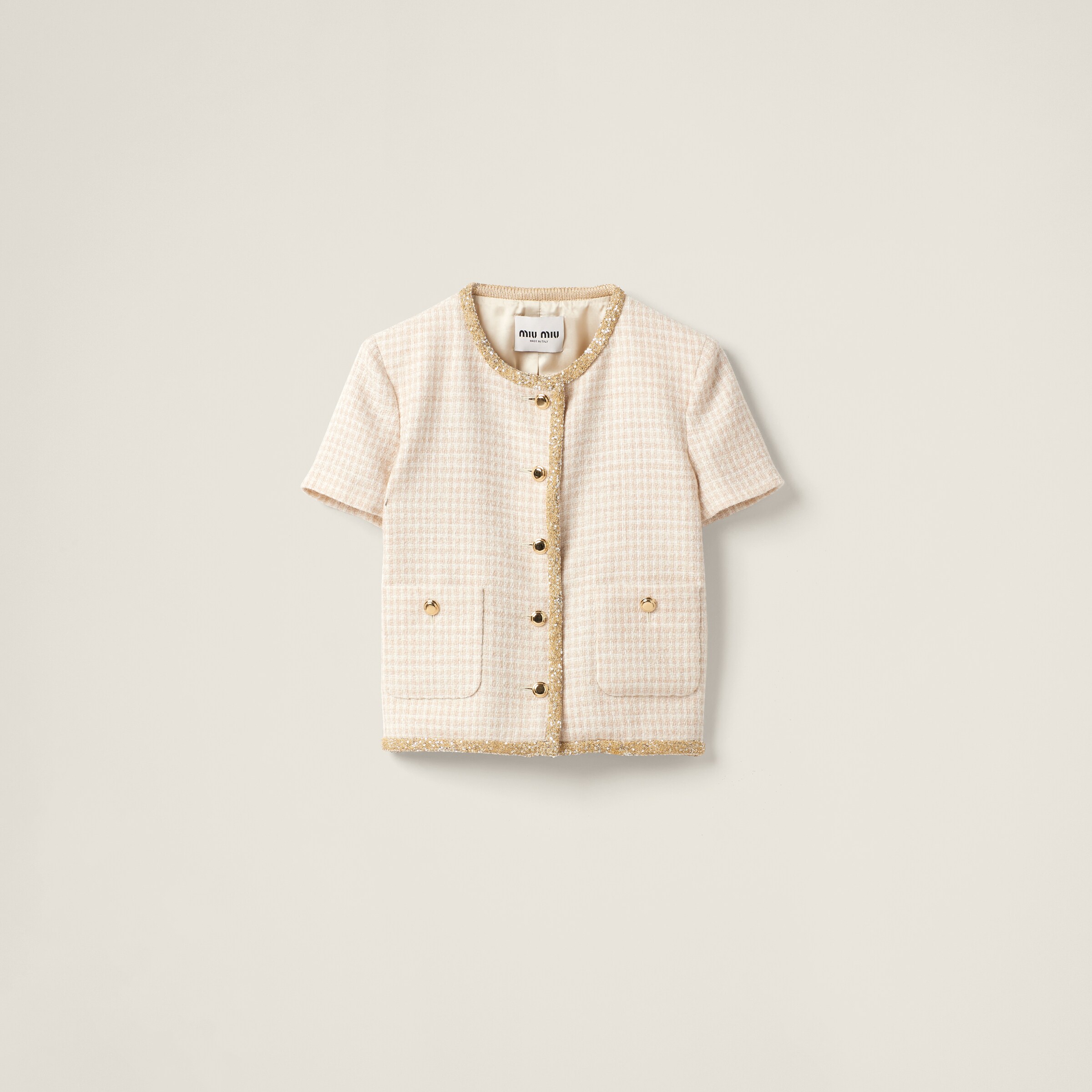 Miu Miu Single-breasted Check Lamé Jacket In Avory/albino White