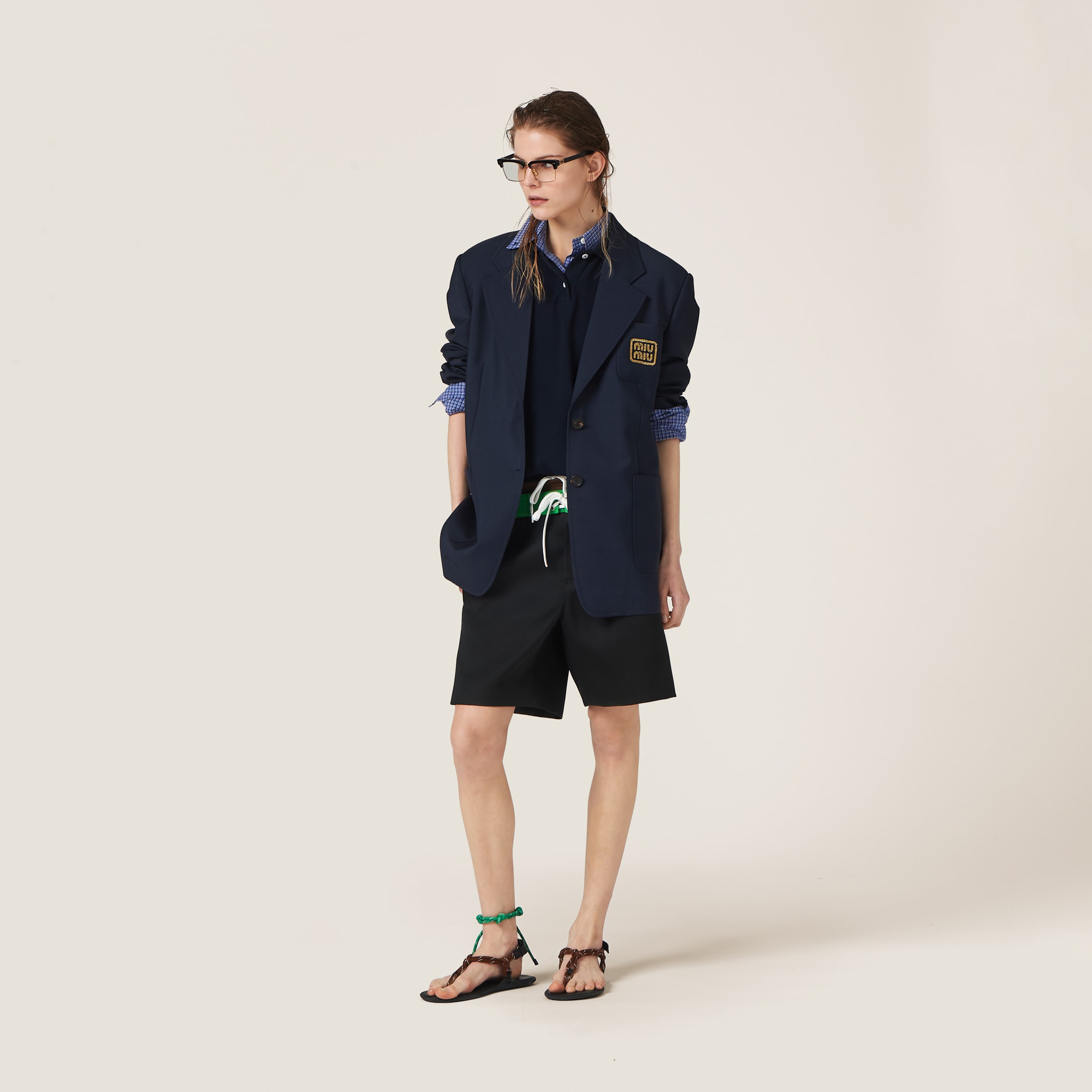 Miu Miu Single-breasted Mohair Jacket In Navy Blue/yellow Gold