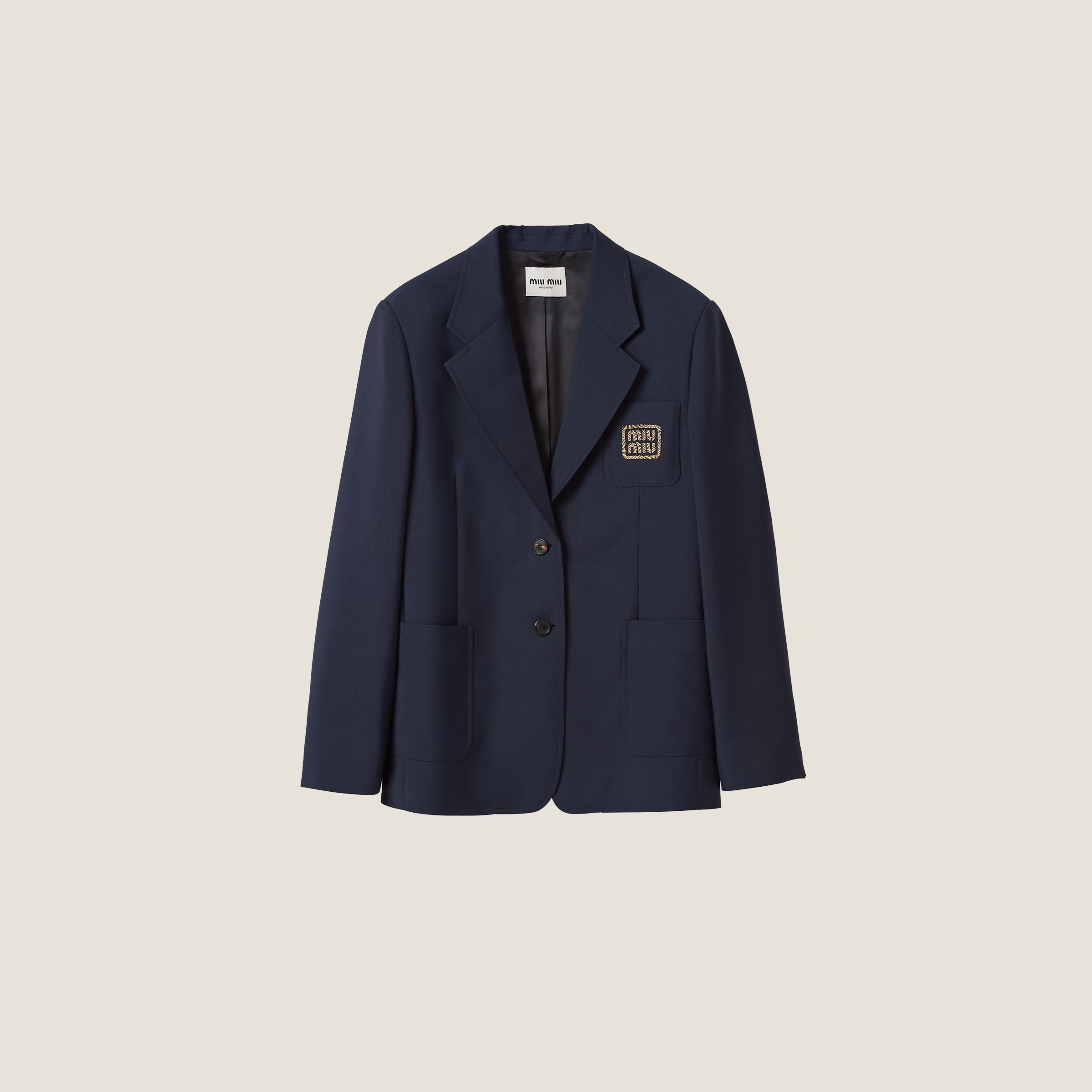 Miumiu Single-breasted Mohair Jacket In Navy Blue/yellow Gold