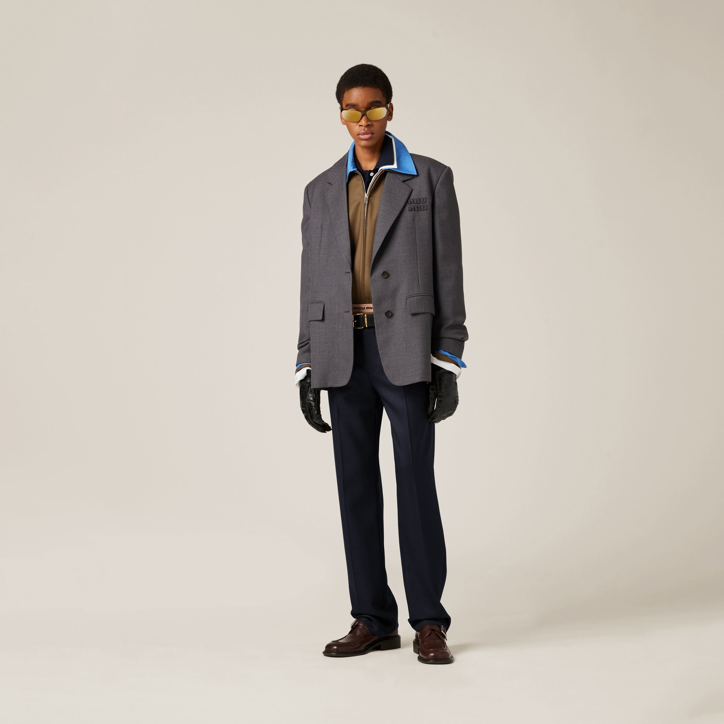 Miu Miu Single-breasted Gabardine Jacket In Anthracite Gray