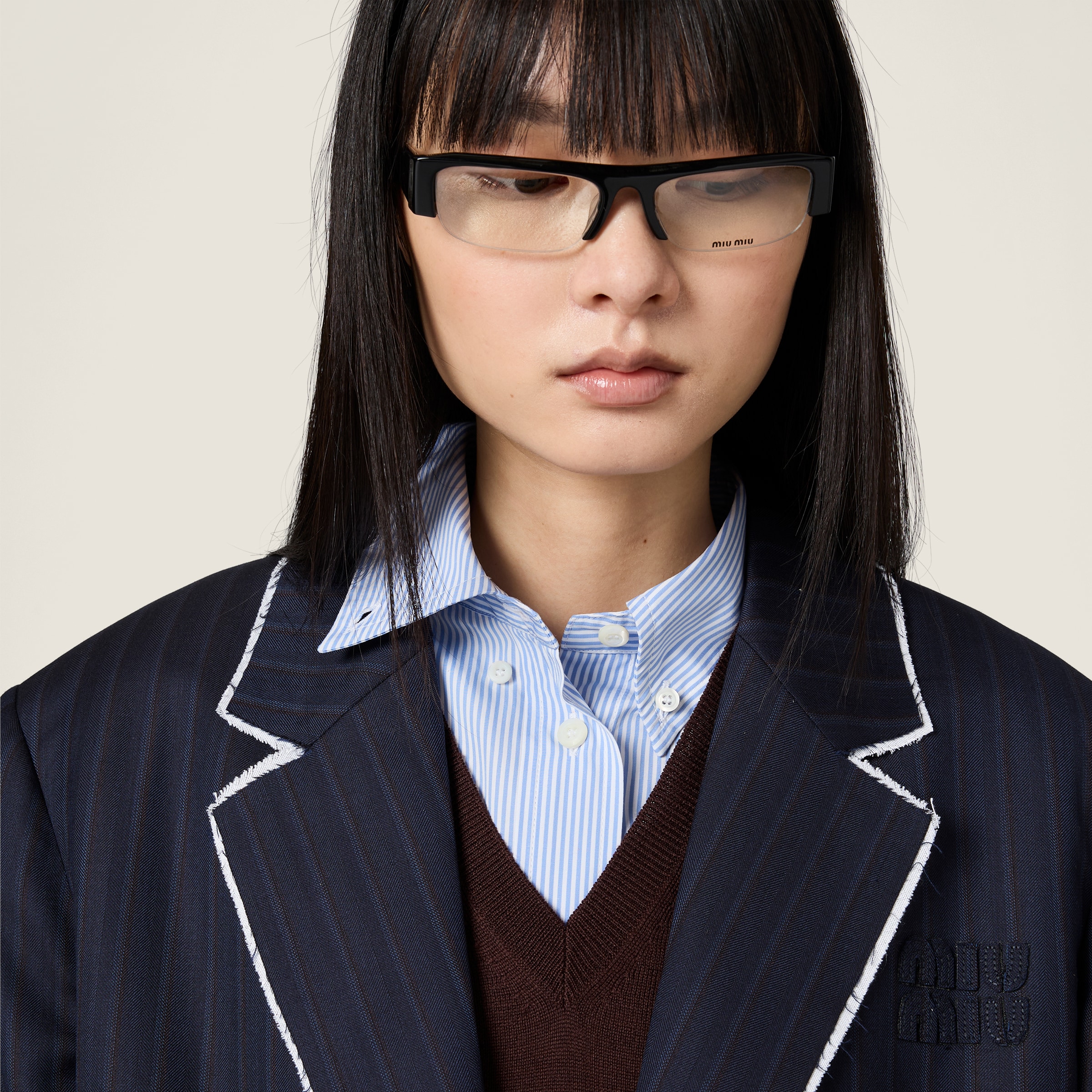 Navy Single-breasted Pinstriped Jacquard Jacket | Miu Miu - United