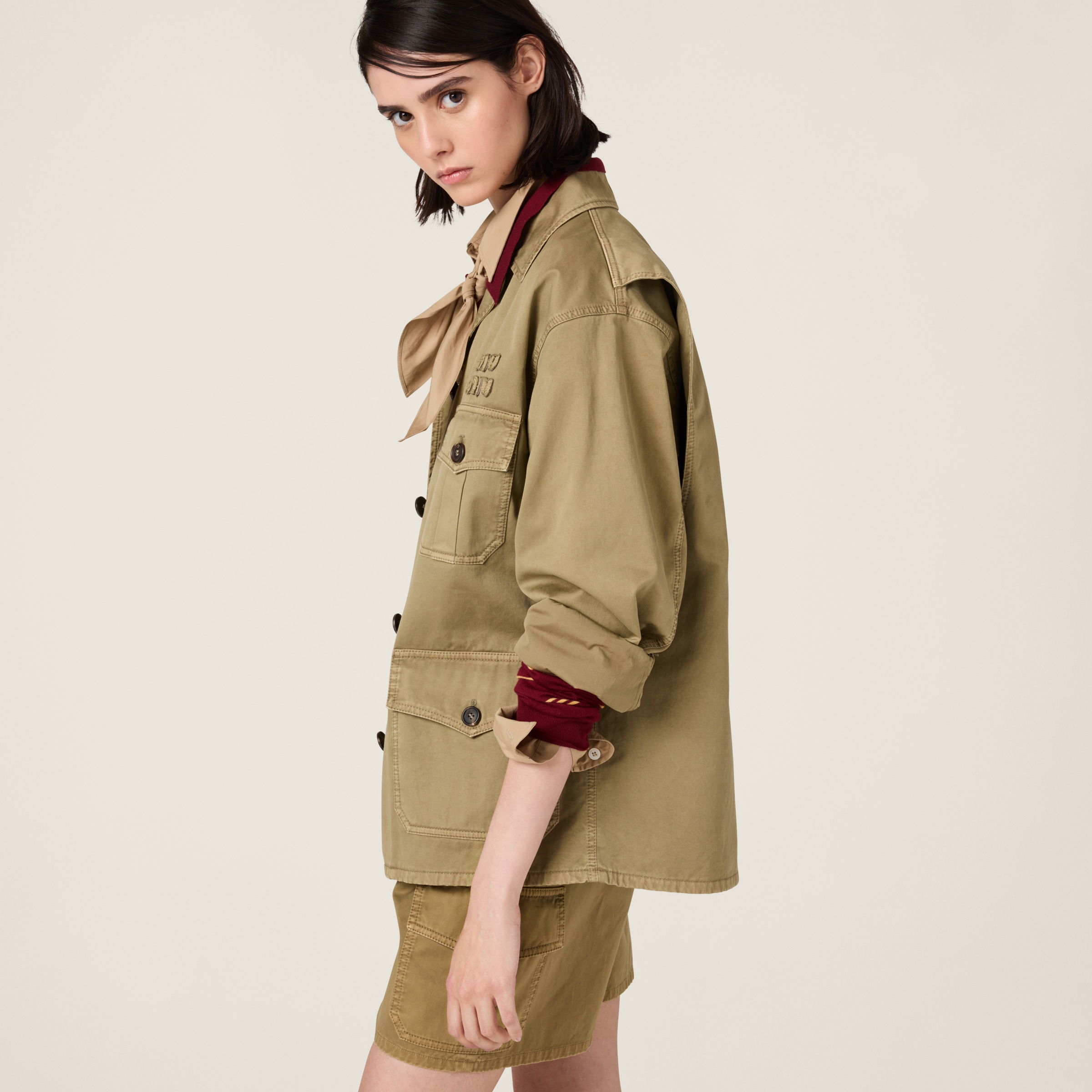 ジャケット MiuMiu Garment-dyed cotton satin jacket Olive Green Garment-dyed Cotton Satin Jacket | Miu Miu