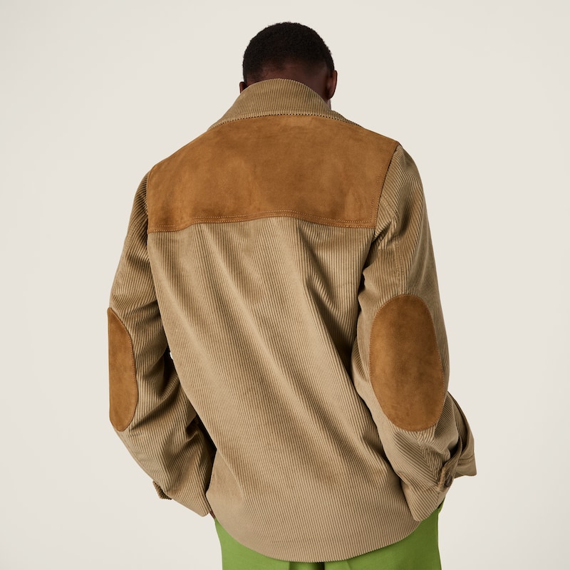 Single-breasted corduroy and leather jacket