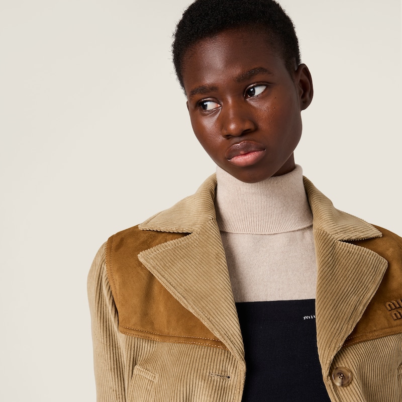 Single-breasted corduroy and leather jacket