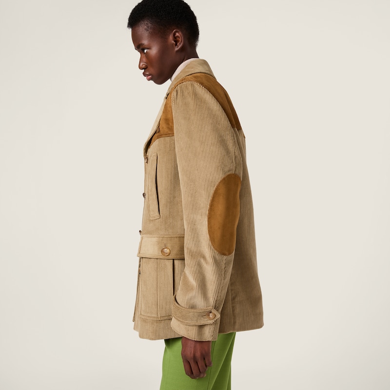 Single-breasted corduroy and leather jacket