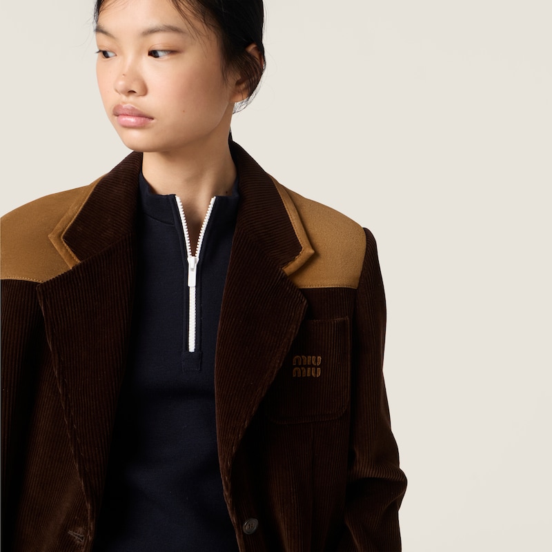 Single-breasted corduroy and leather jacket