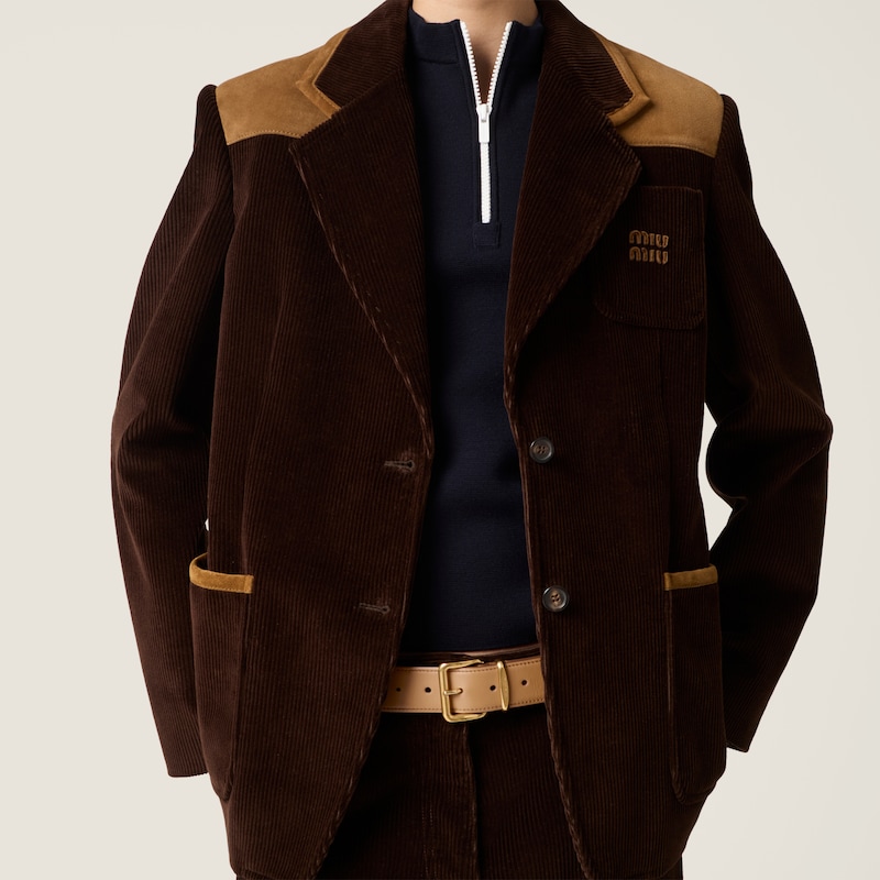 Single-breasted corduroy and leather jacket