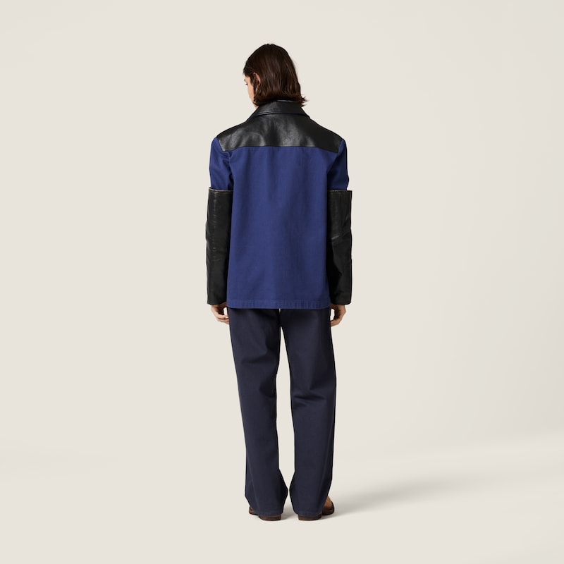 Single-breasted garment-dyed gabardine and leather jacket