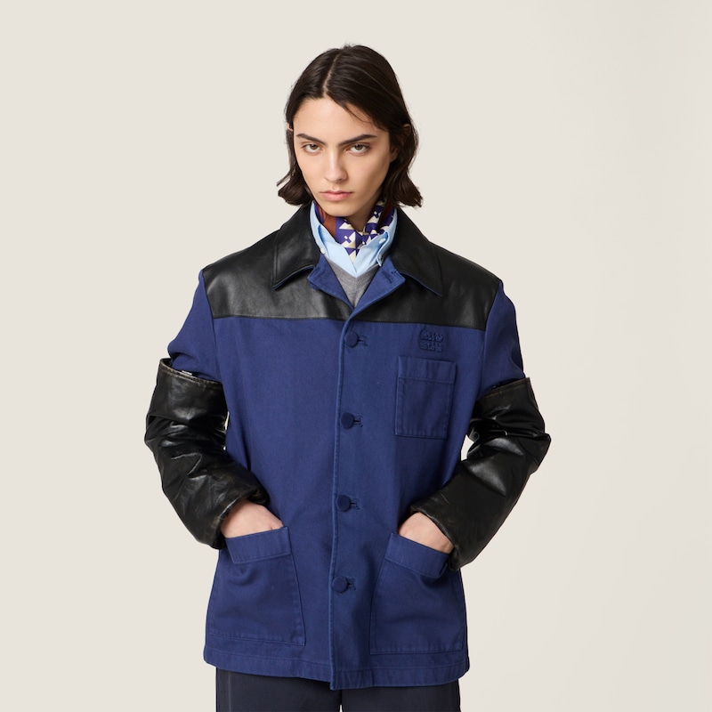 Single-breasted garment-dyed gabardine and leather jacket