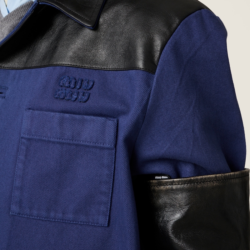 Single-breasted garment-dyed gabardine and leather jacket