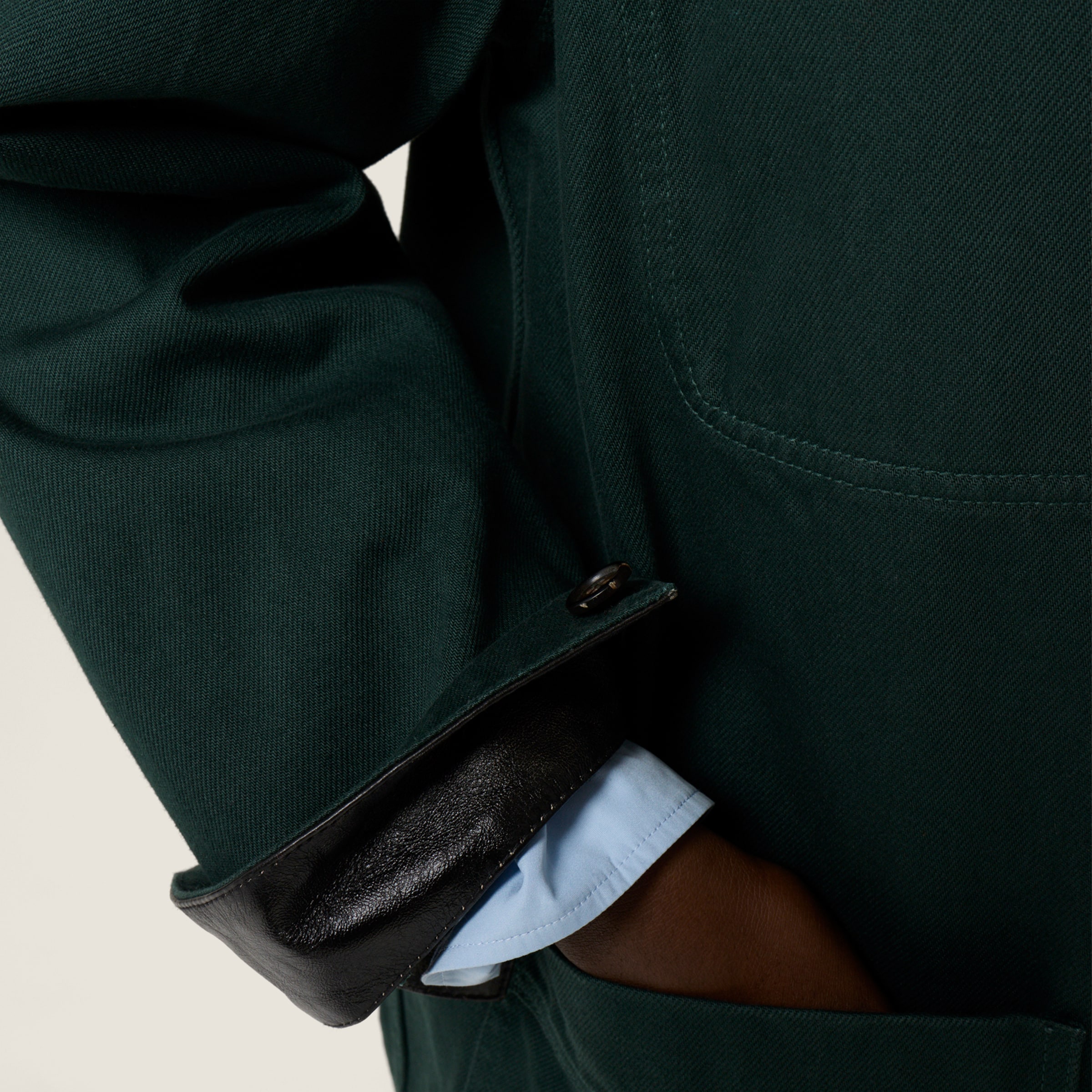 Bottle Green Single-breasted Garment-dyed Gabardine And Leather
